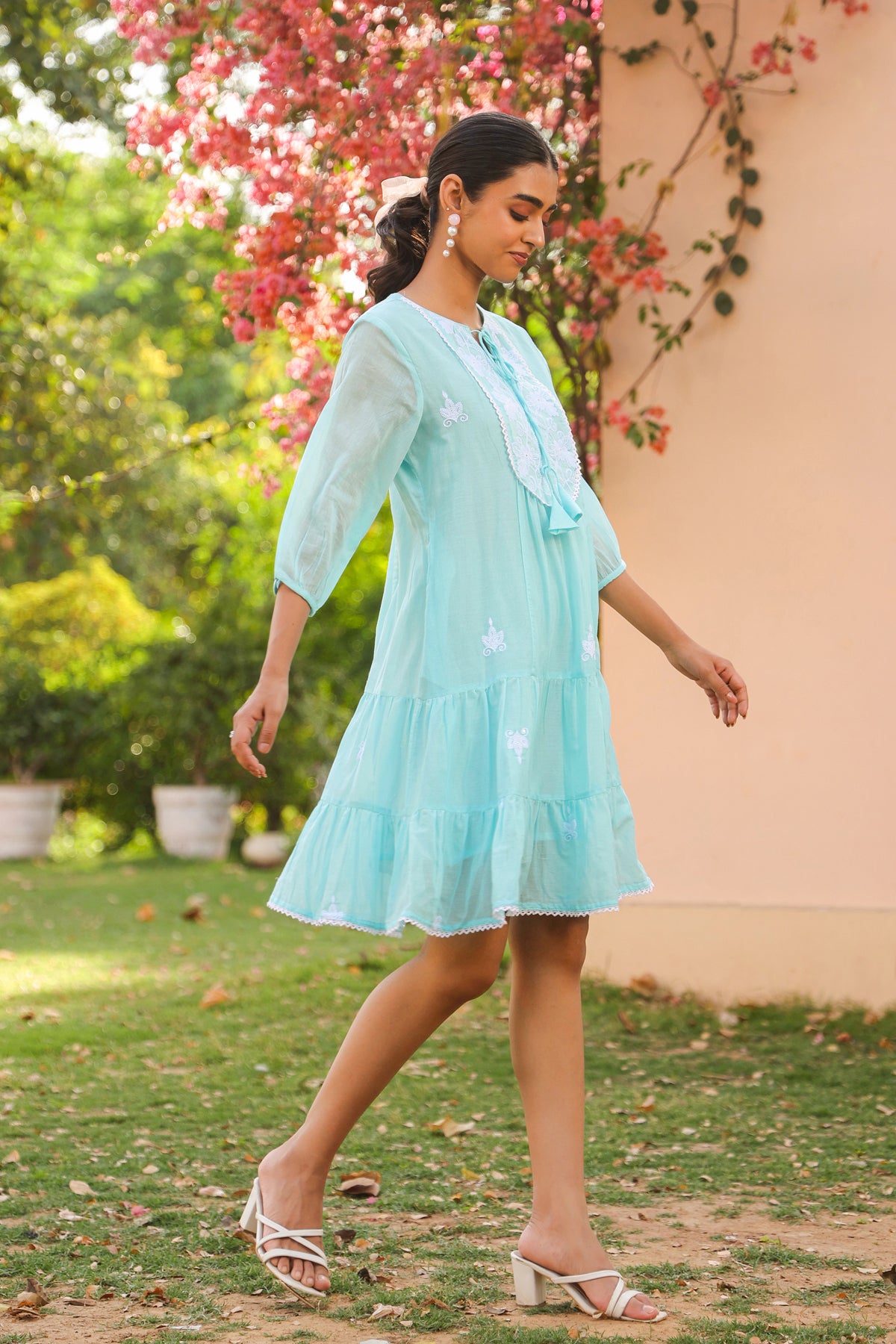 Aqua Cotton Mulmul Embroidered Tiered Midi Dress