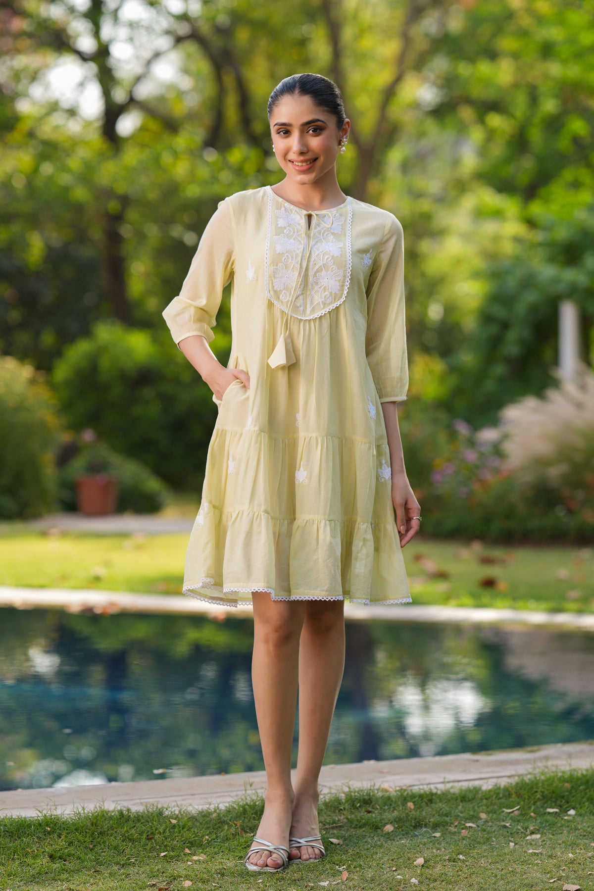 Lime Green Cotton Mulmul Embroidered Tiered Midi Dress