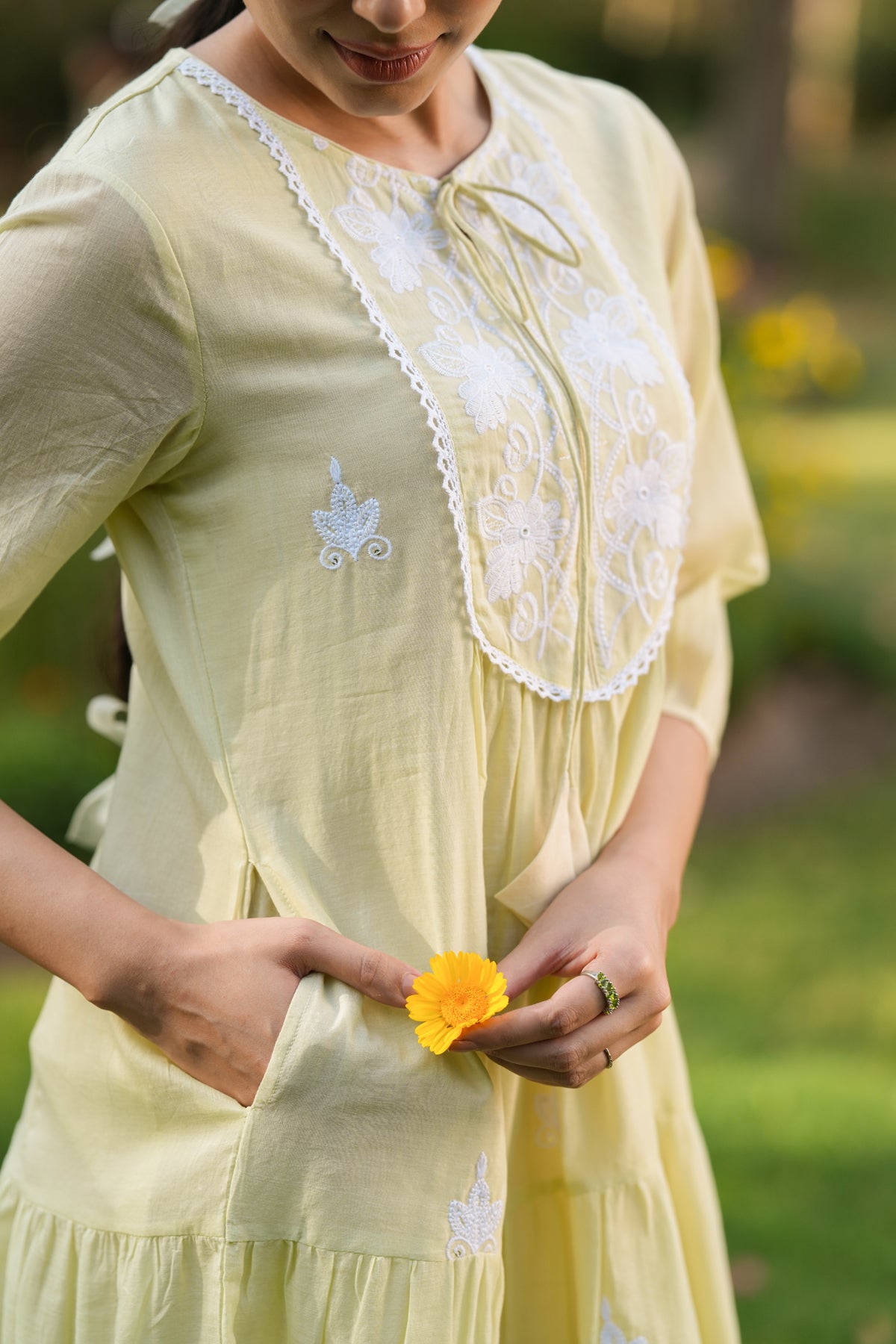 Lime Green Cotton Mulmul Embroidered Tiered Midi Dress
