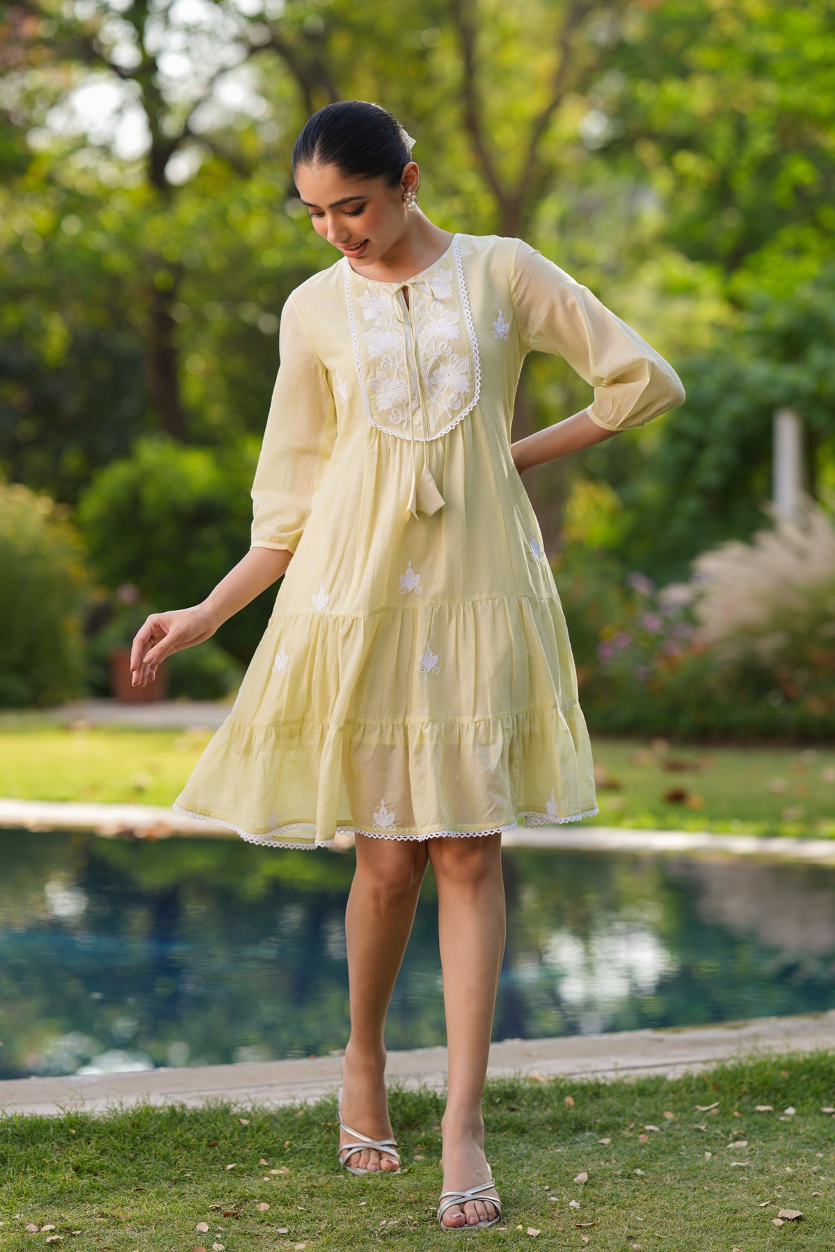 Lime Green Cotton Mulmul Embroidered Tiered Midi Dress