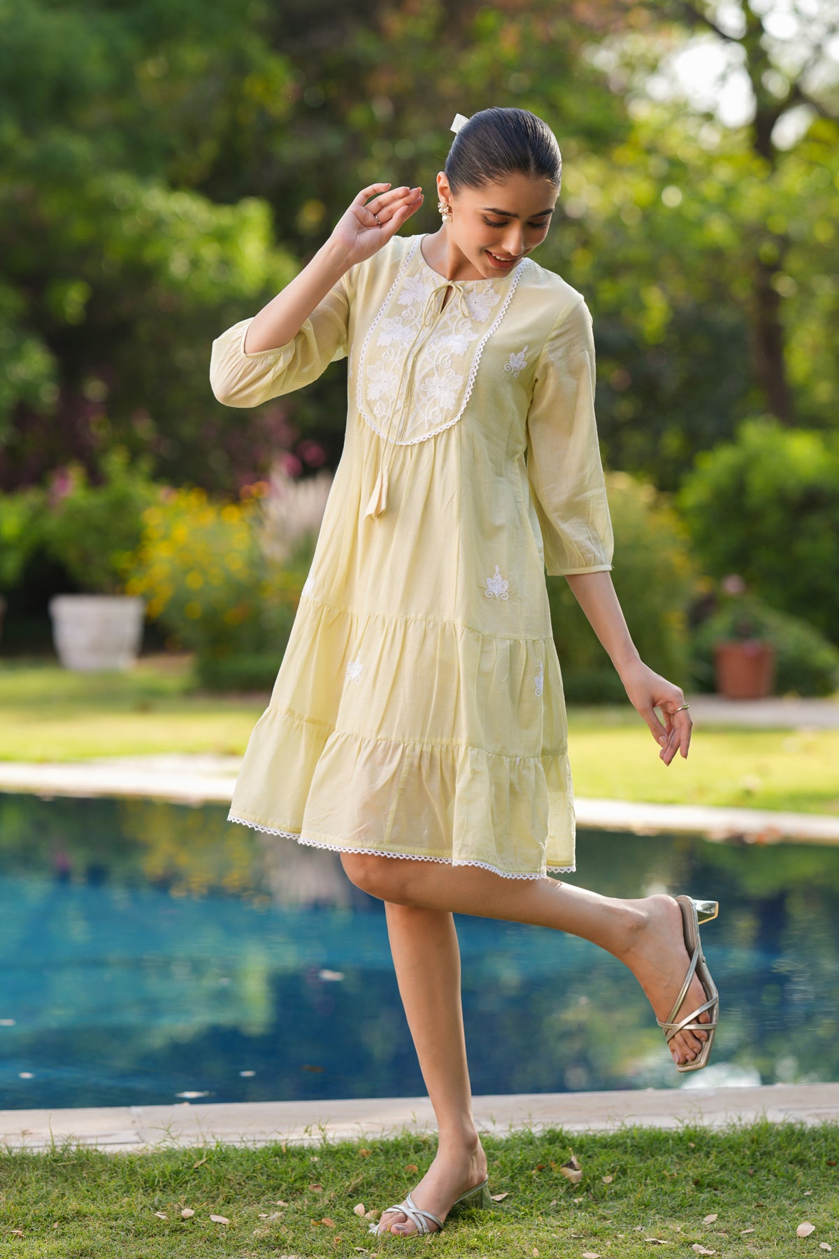 Lime Green Cotton Mulmul Embroidered Tiered Midi Dress