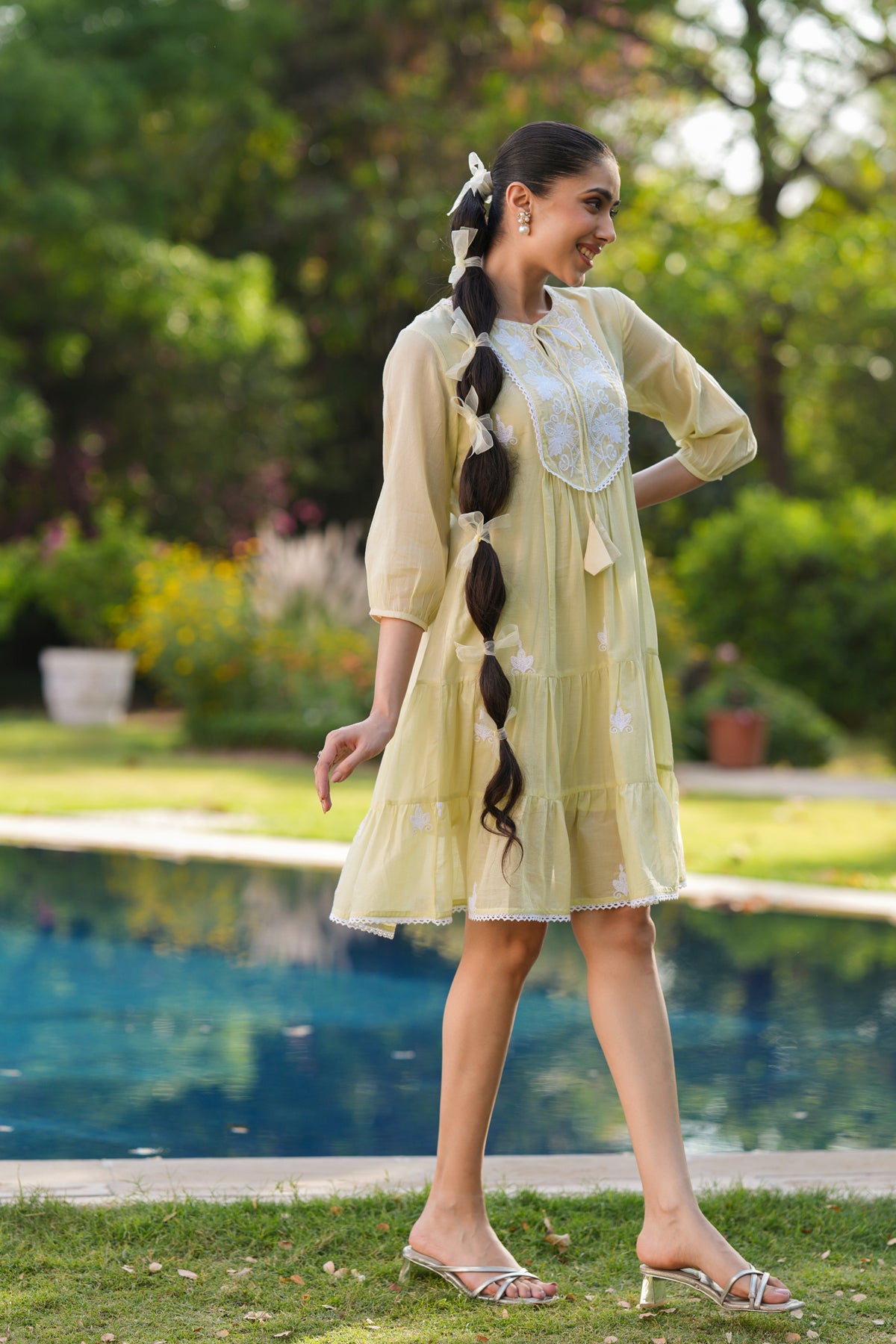 Lime Green Cotton Mulmul Embroidered Tiered Midi Dress