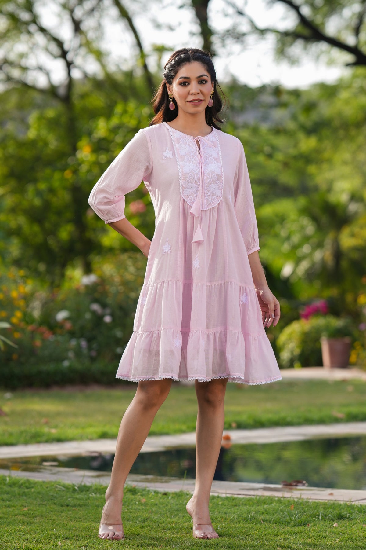 Pink Cotton Mulmul Embroidered Tiered Midi Dress