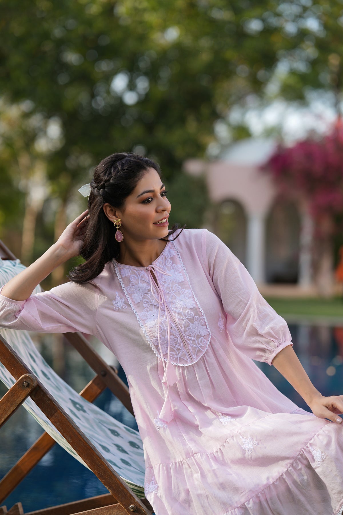 Pink Cotton Mulmul Embroidered Tiered Midi Dress