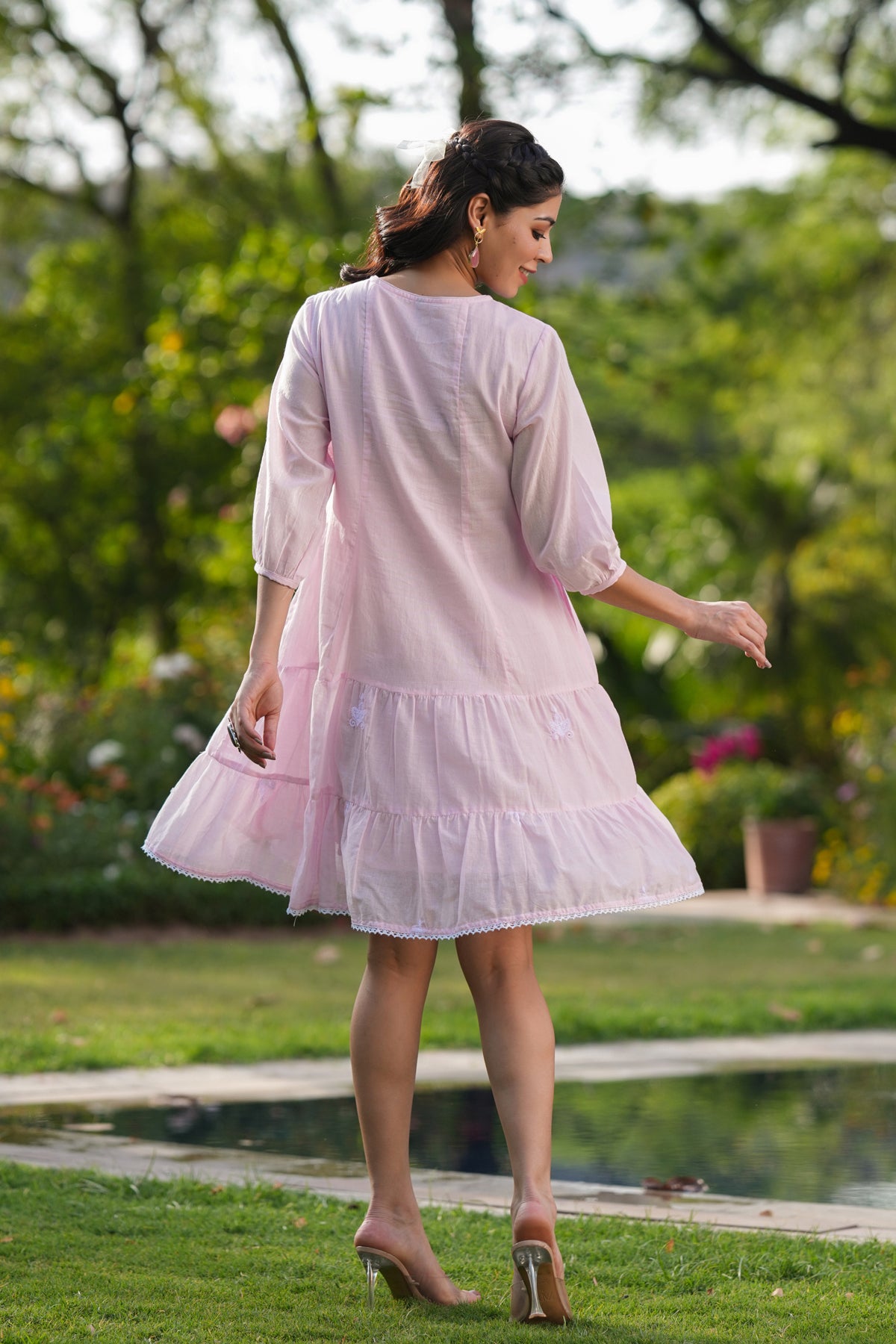 Pink Cotton Mulmul Embroidered Tiered Midi Dress
