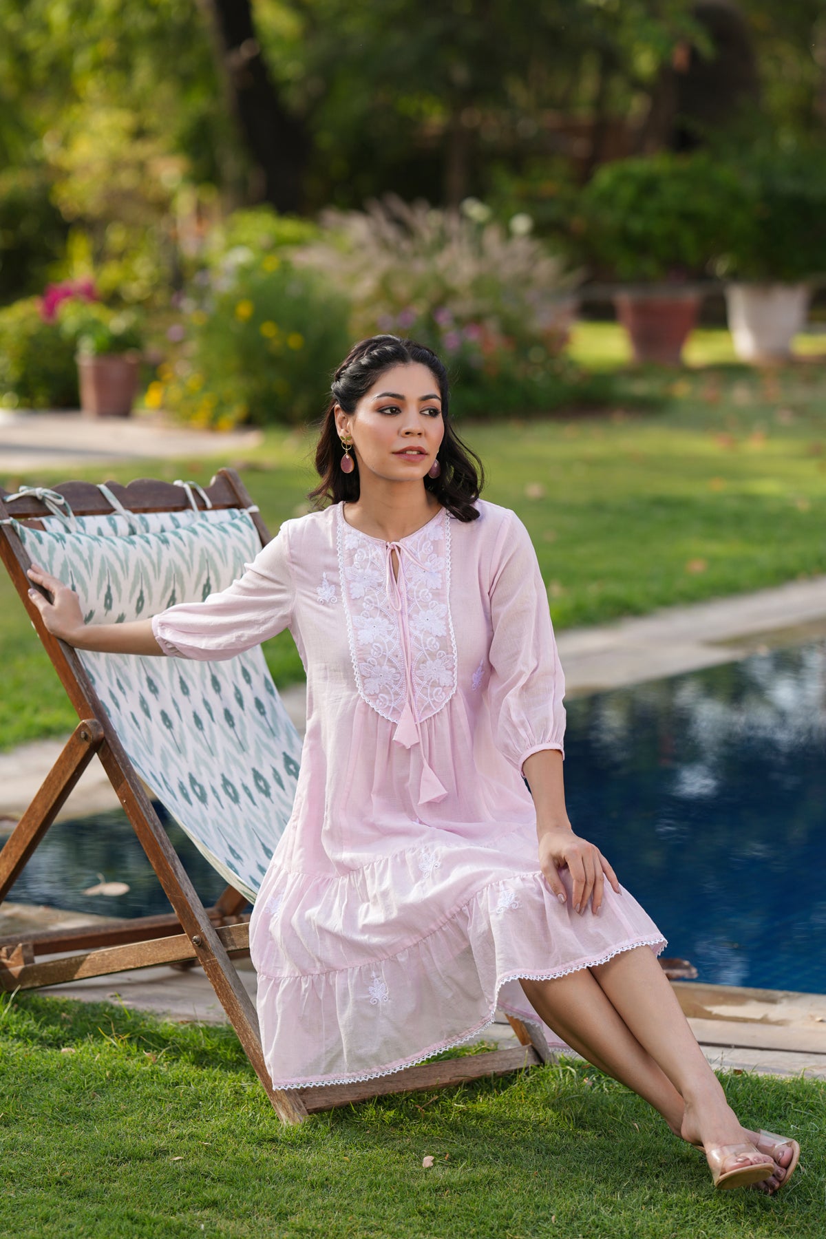 Pink Cotton Mulmul Embroidered Tiered Midi Dress
