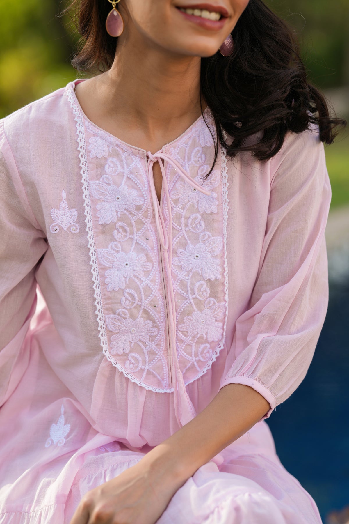 Pink Cotton Mulmul Embroidered Tiered Midi Dress