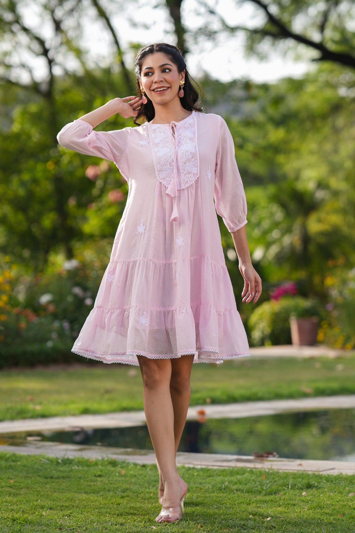 Pink Cotton Mulmul Embroidered Tiered Midi Dress