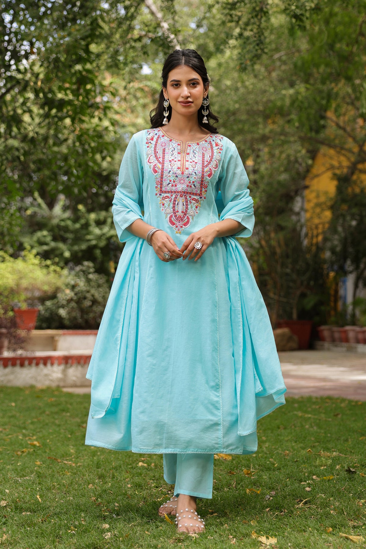 Aqua Cotton Mulmul Embroidered Gathered Anarkali Set