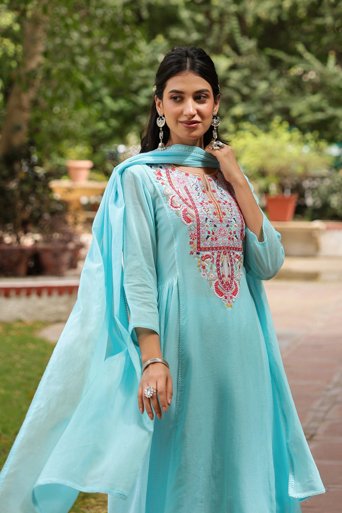 Aqua Cotton Mulmul Embroidered Gathered Anarkali Set
