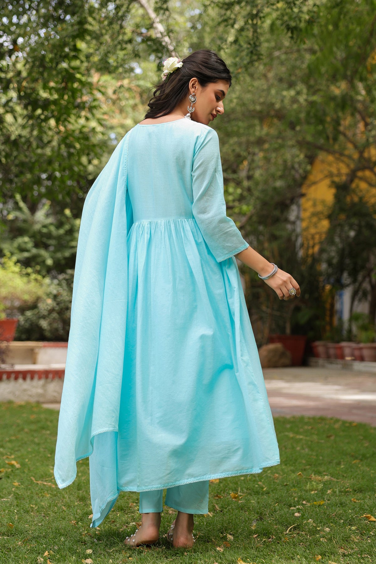 Aqua Cotton Mulmul Embroidered Gathered Anarkali Set