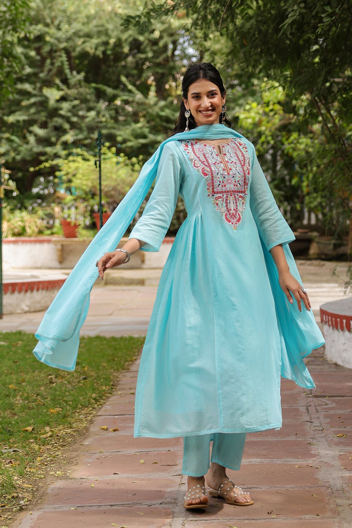 Aqua Cotton Mulmul Embroidered Gathered Anarkali Set