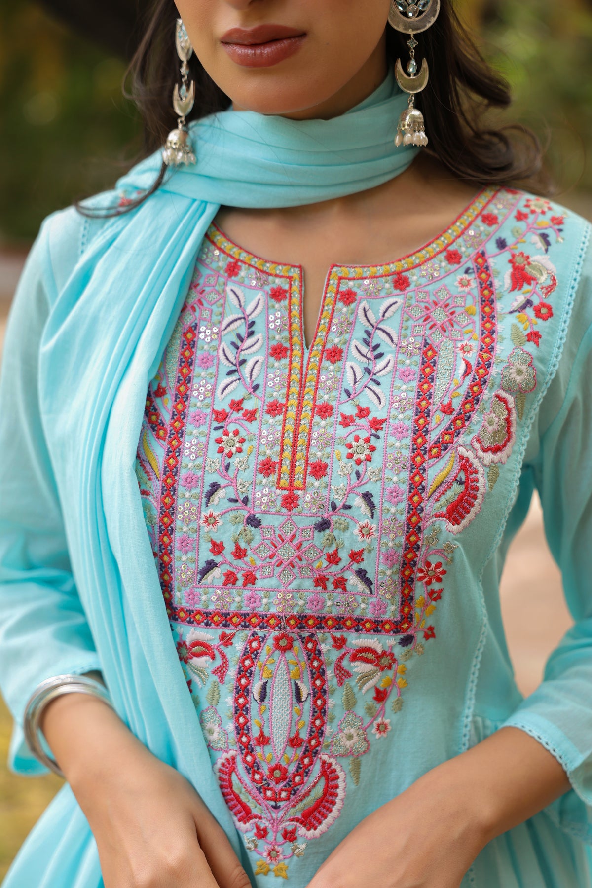 Aqua Cotton Mulmul Embroidered Gathered Anarkali Set