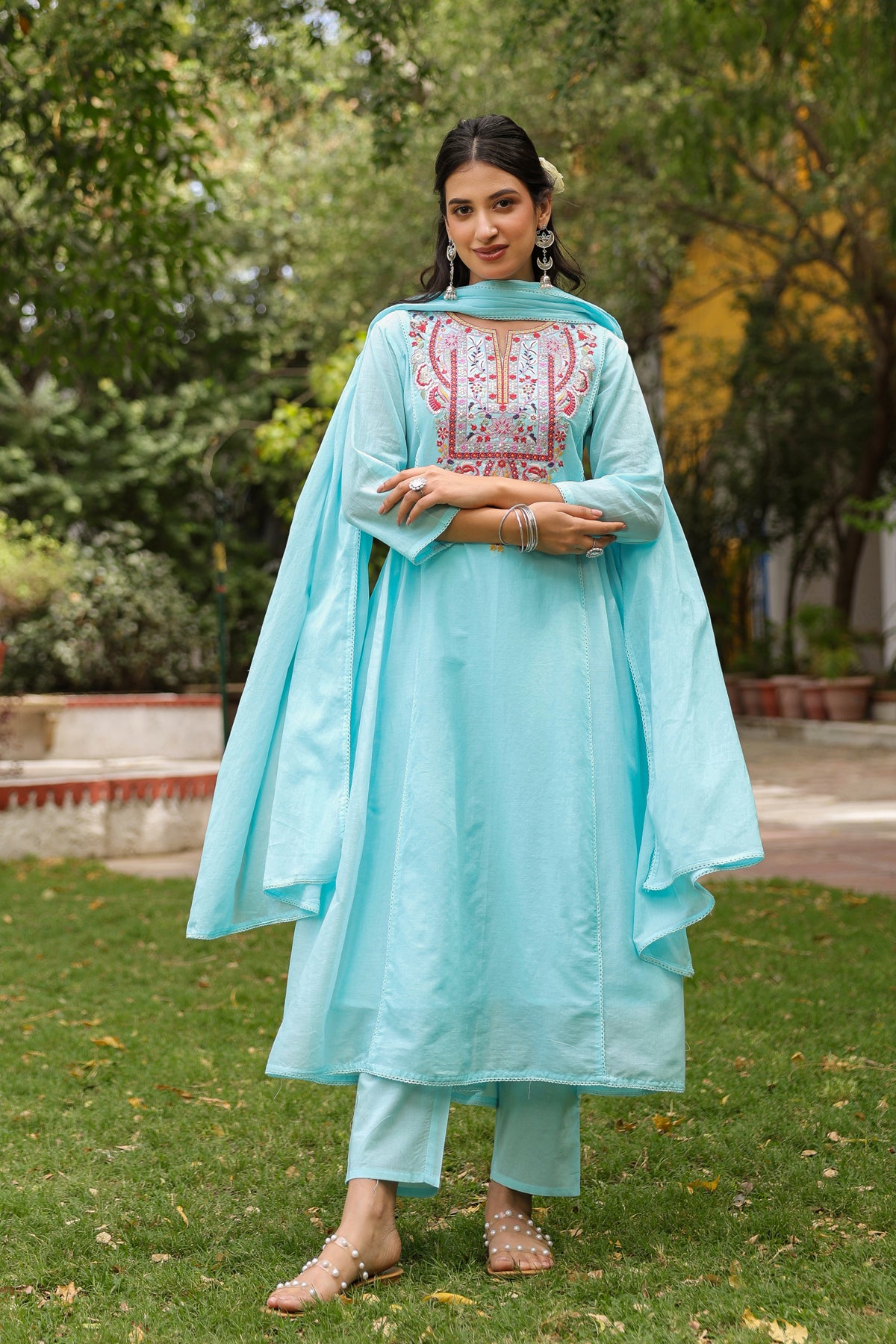 Aqua Cotton Mulmul Embroidered Gathered Anarkali Set