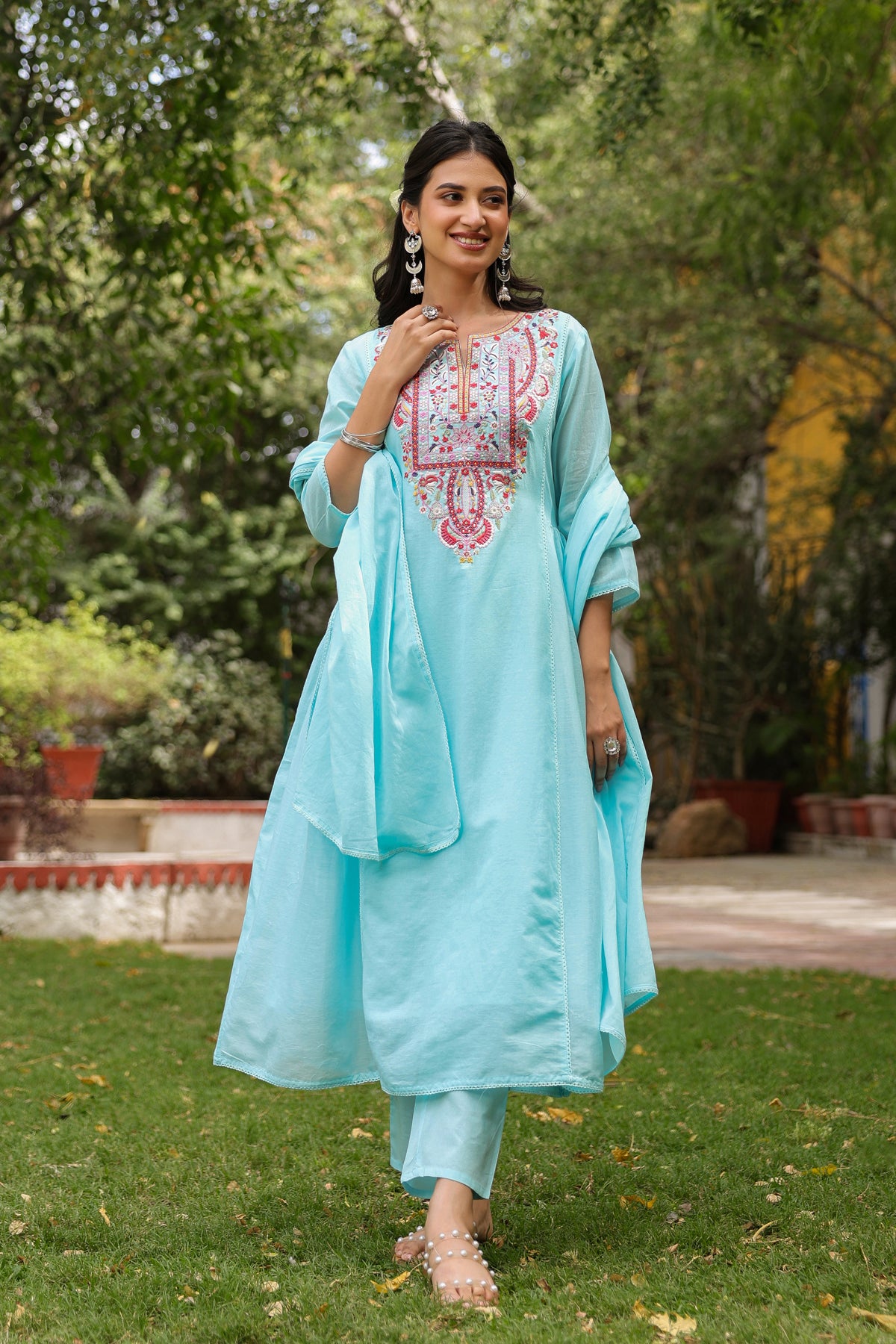 Aqua Cotton Mulmul Embroidered Gathered Anarkali Set