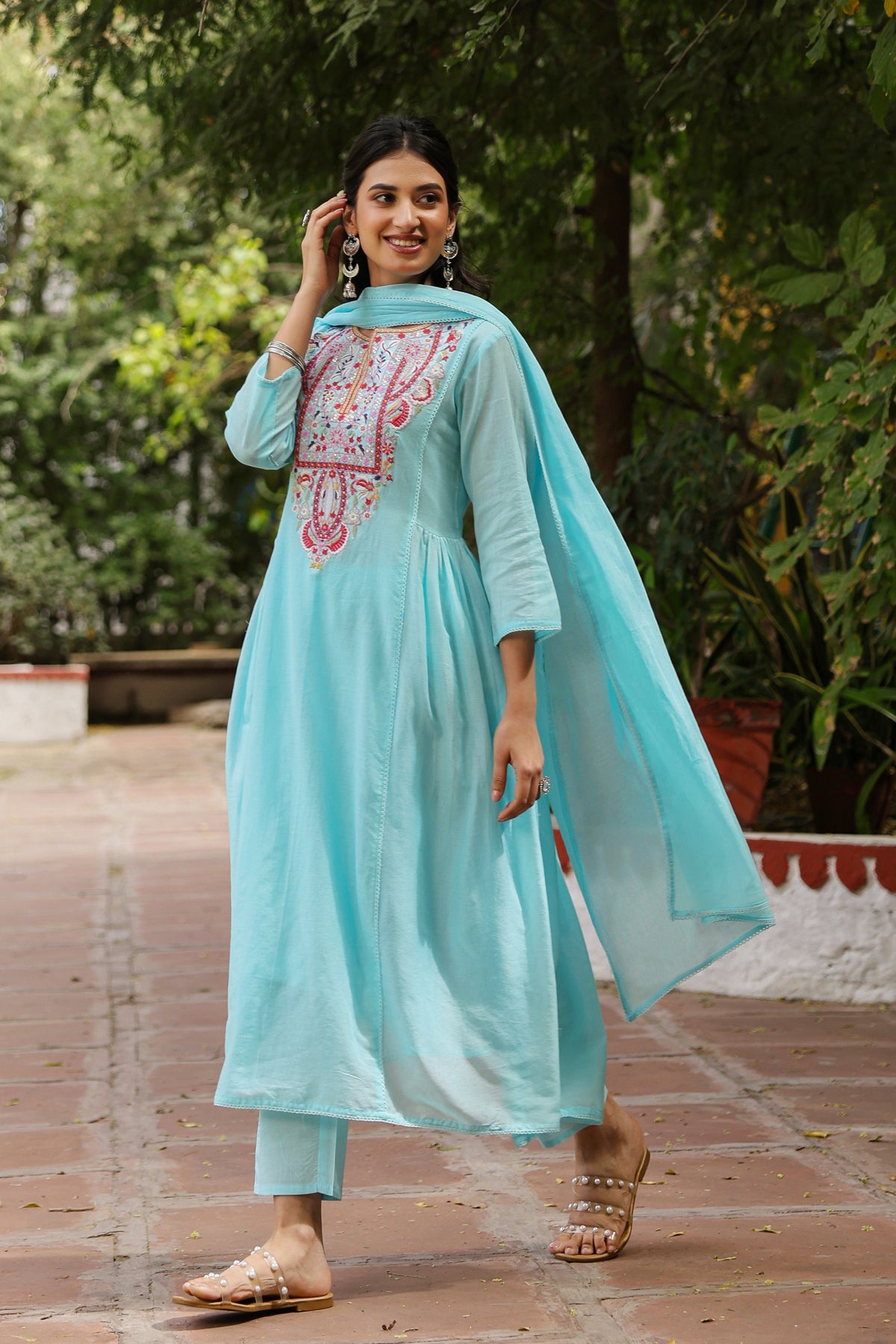 Aqua Cotton Mulmul Embroidered Gathered Anarkali Set