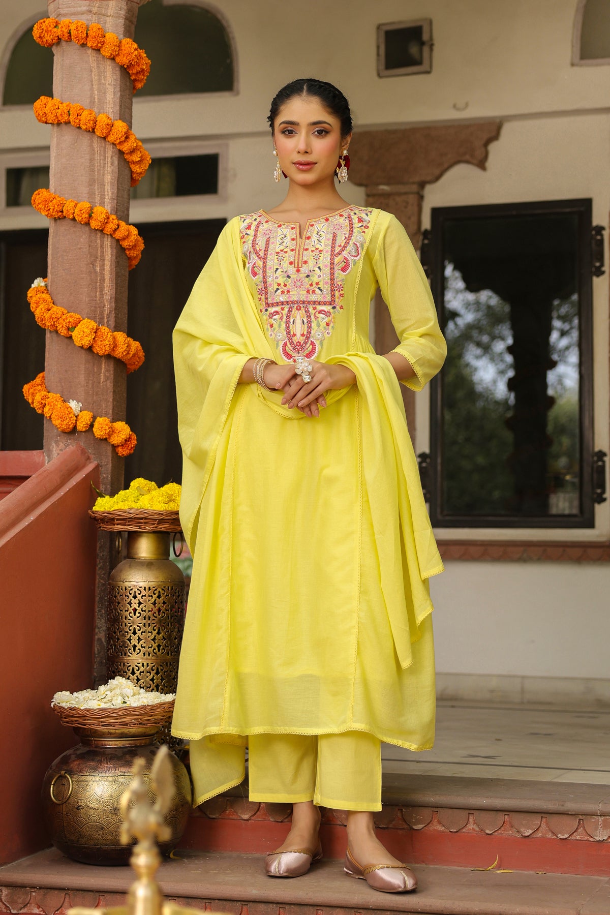 Yellow Cotton Mulmul Embroidered Gathered Anarkali Set