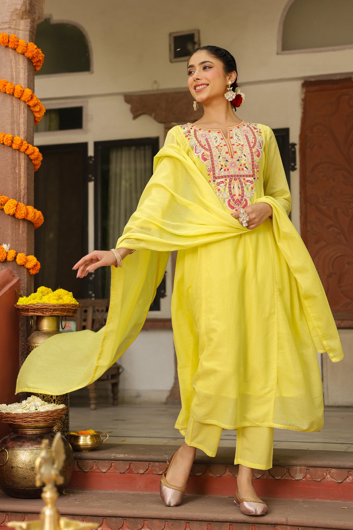 Yellow Cotton Mulmul Embroidered Gathered Anarkali Set