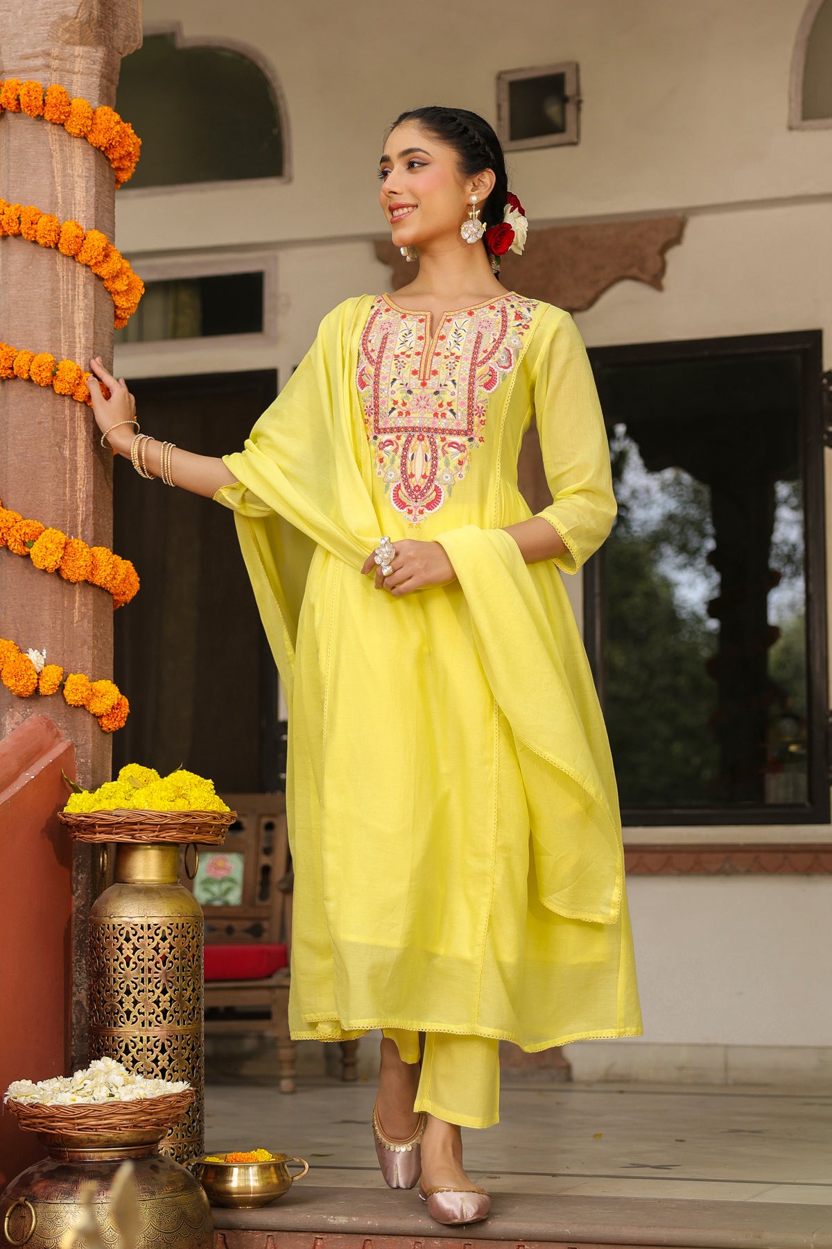 Yellow Cotton Mulmul Embroidered Gathered Anarkali Set