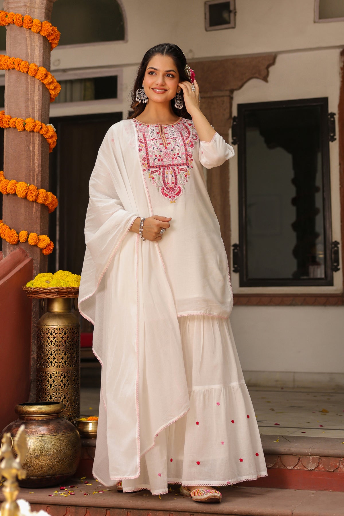 White Cotton Mulmul Embroidered Sharara Set