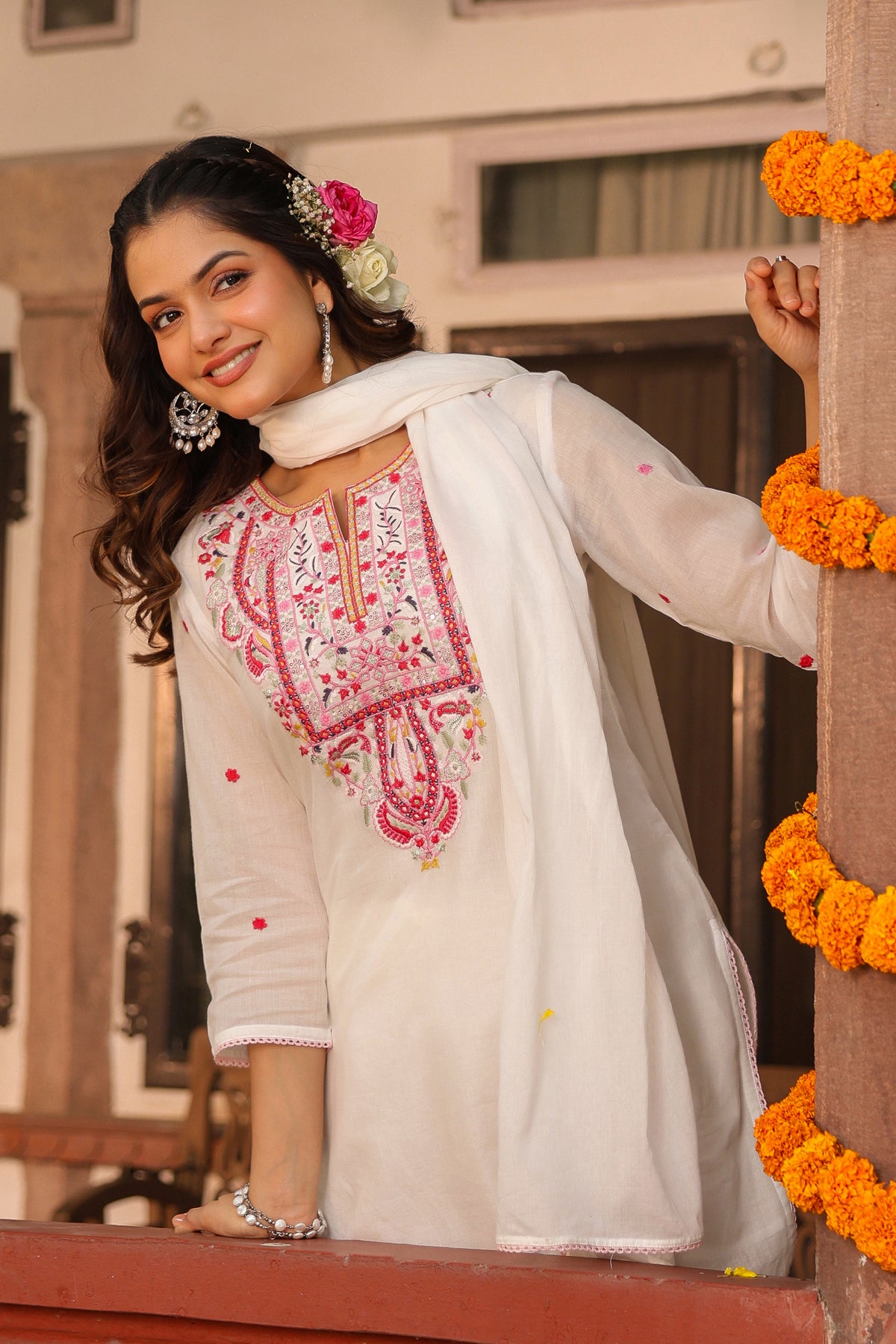 White Cotton Mulmul Embroidered Sharara Set