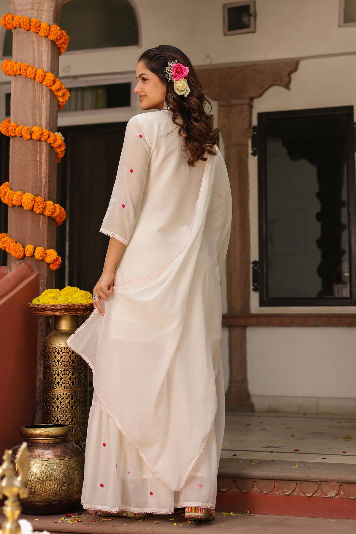 White Cotton Mulmul Embroidered Sharara Set