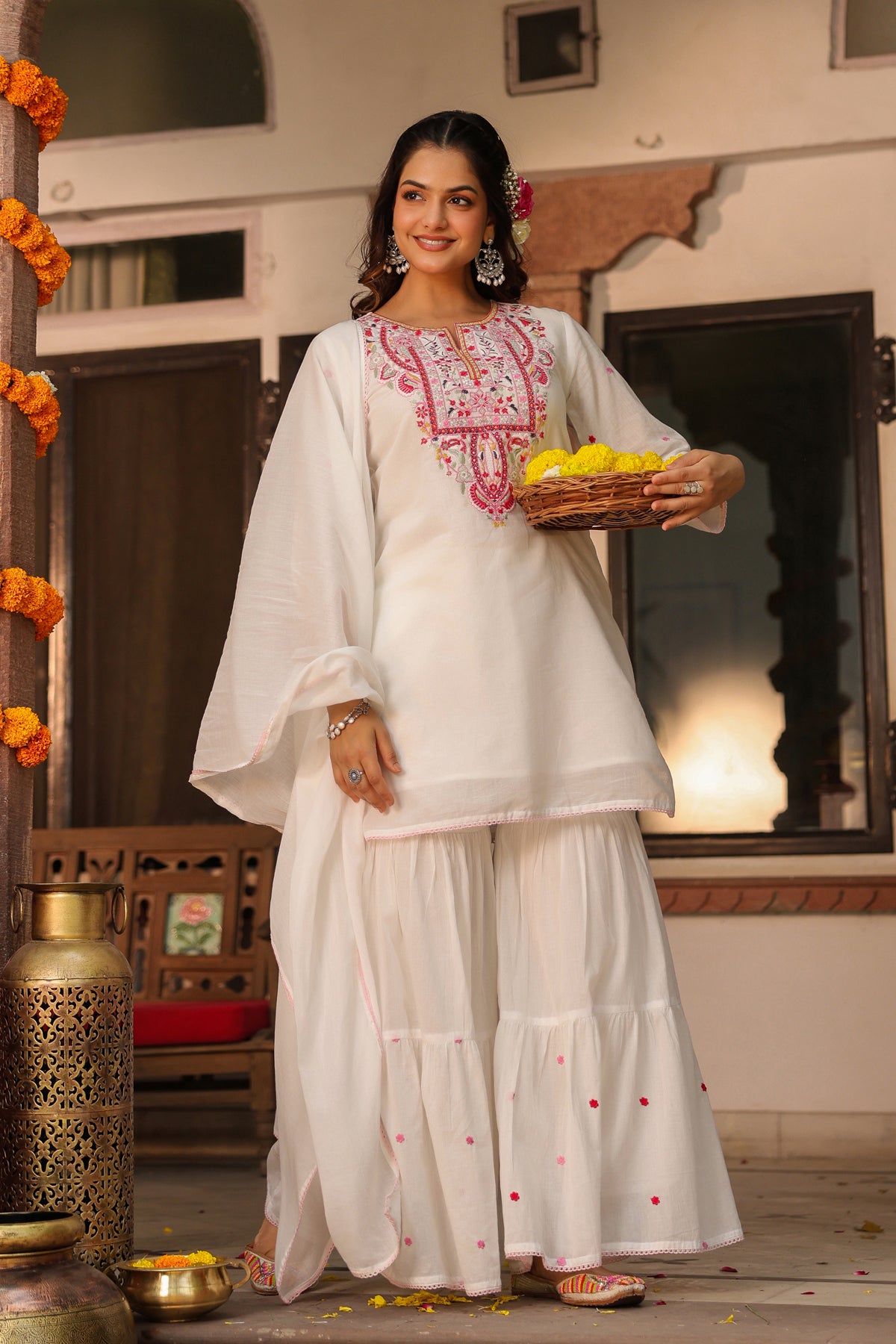 White Cotton Mulmul Embroidered Sharara Set