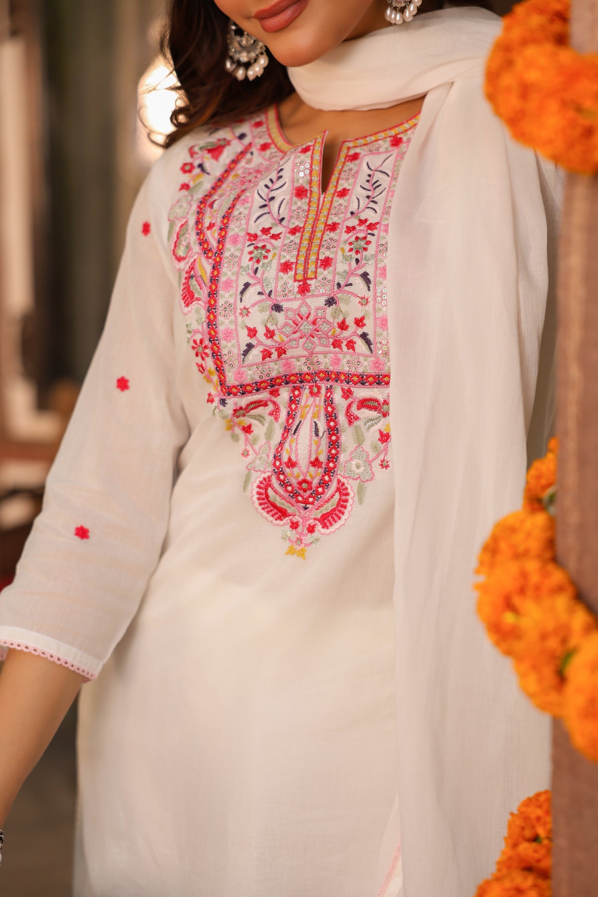 White Cotton Mulmul Embroidered Sharara Set