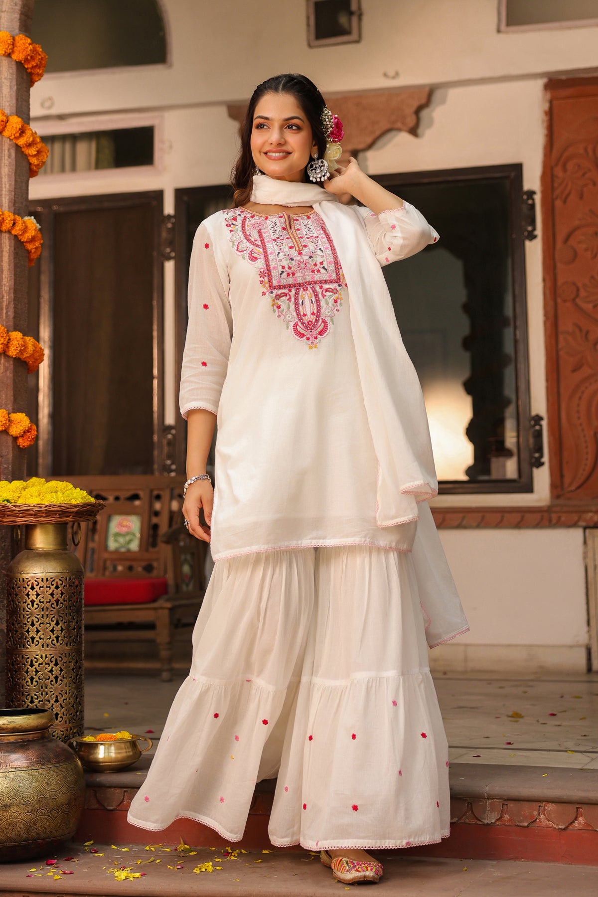 White Cotton Mulmul Embroidered Sharara Set
