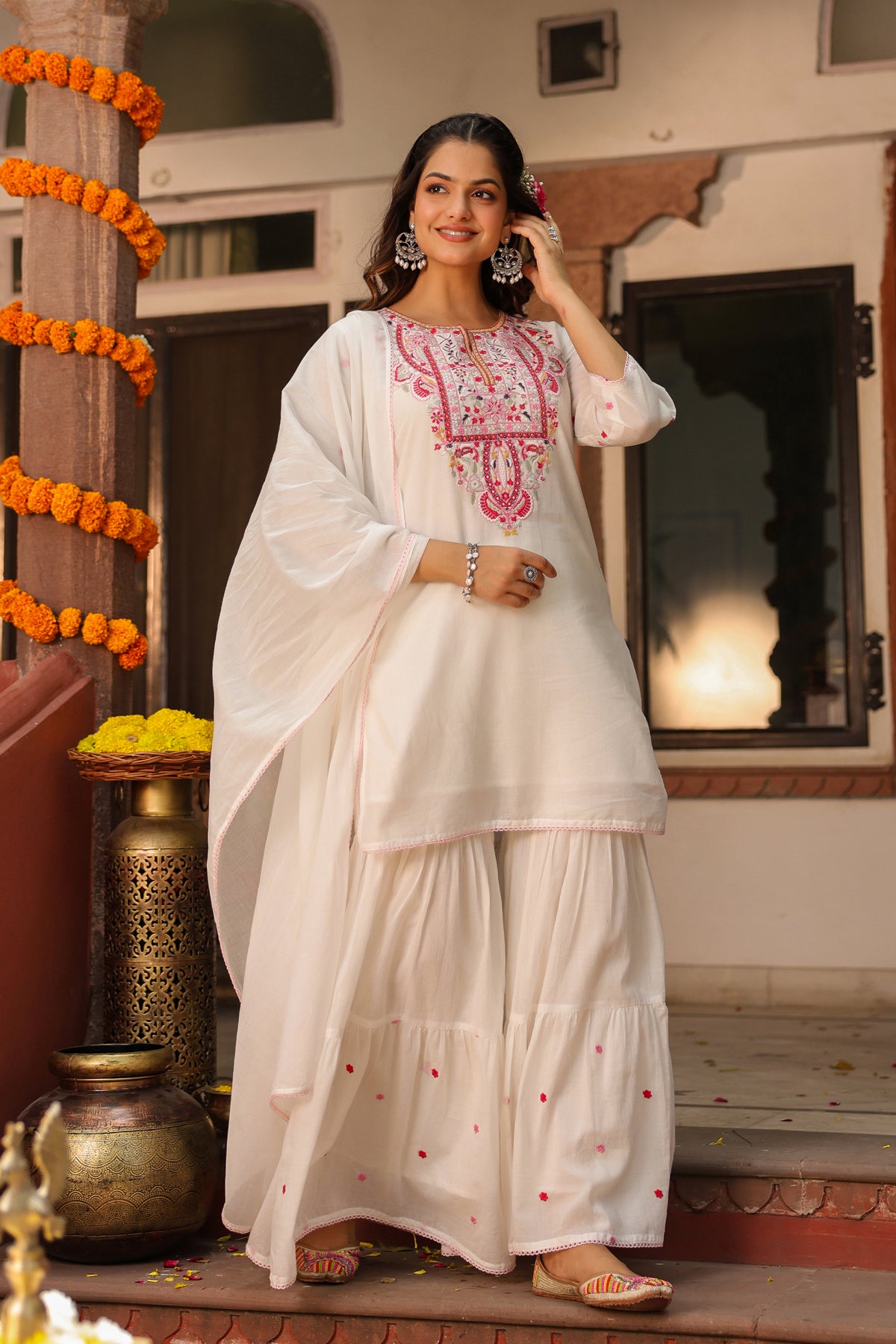 White Cotton Mulmul Embroidered Sharara Set