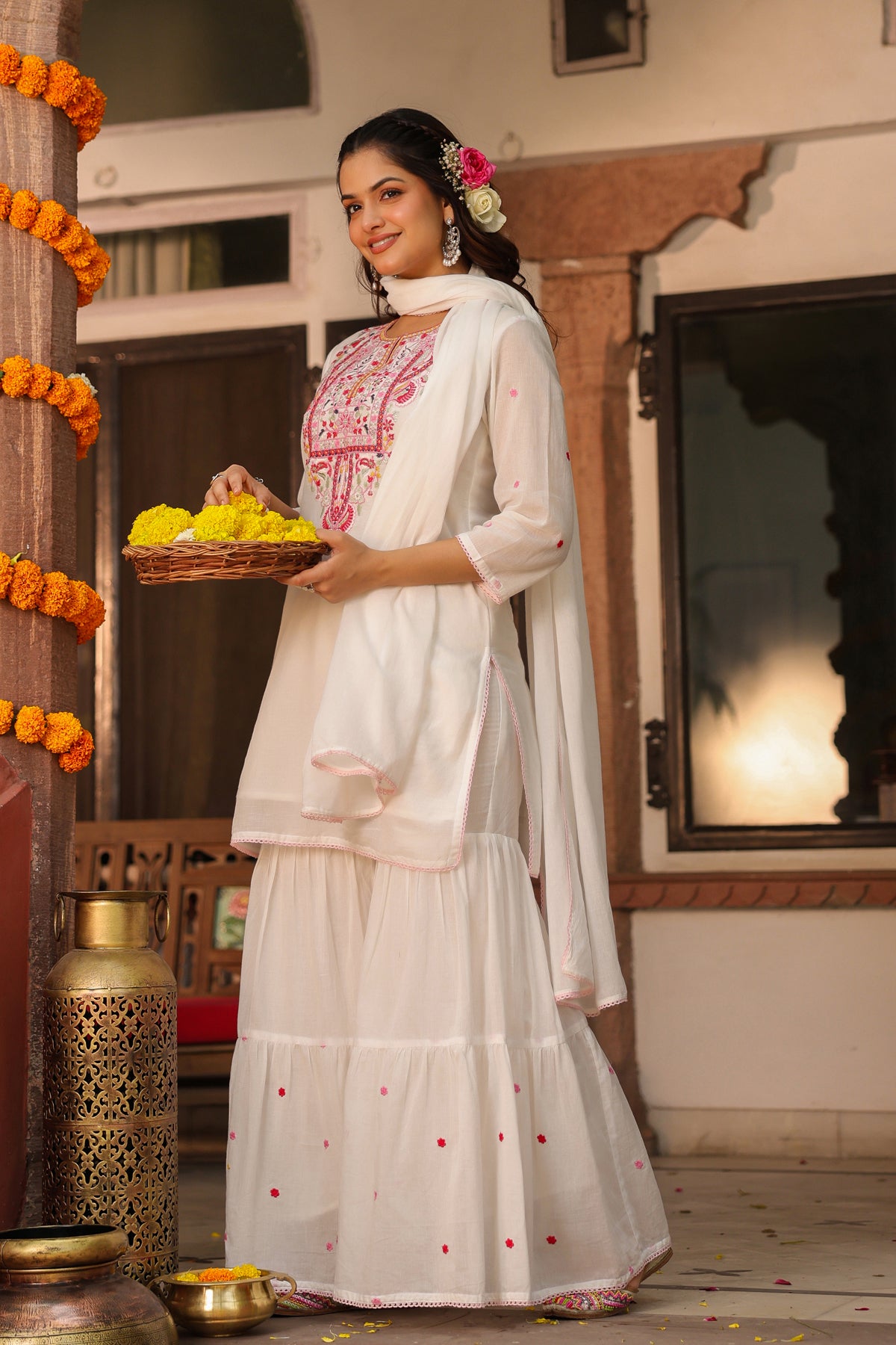 White Cotton Mulmul Embroidered Sharara Set