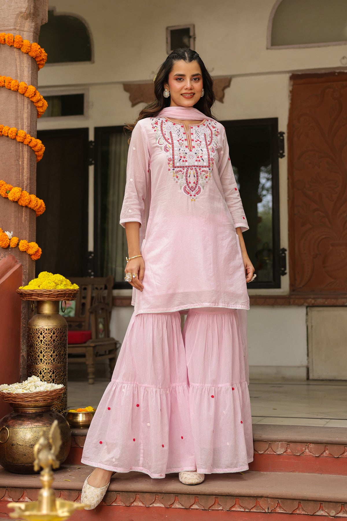 Pink Cotton Mulmul Embroidered Sharara Set