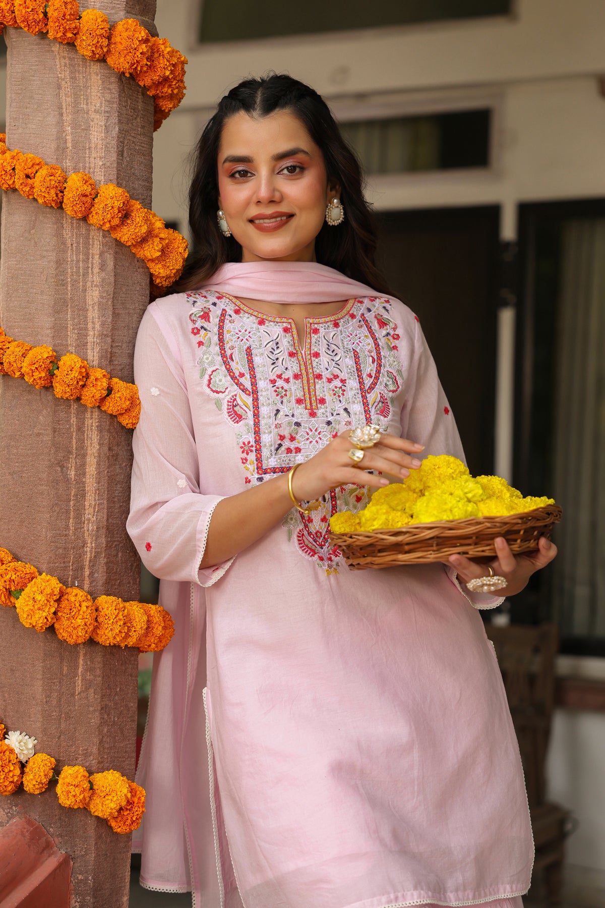 Pink Cotton Mulmul Embroidered Sharara Set