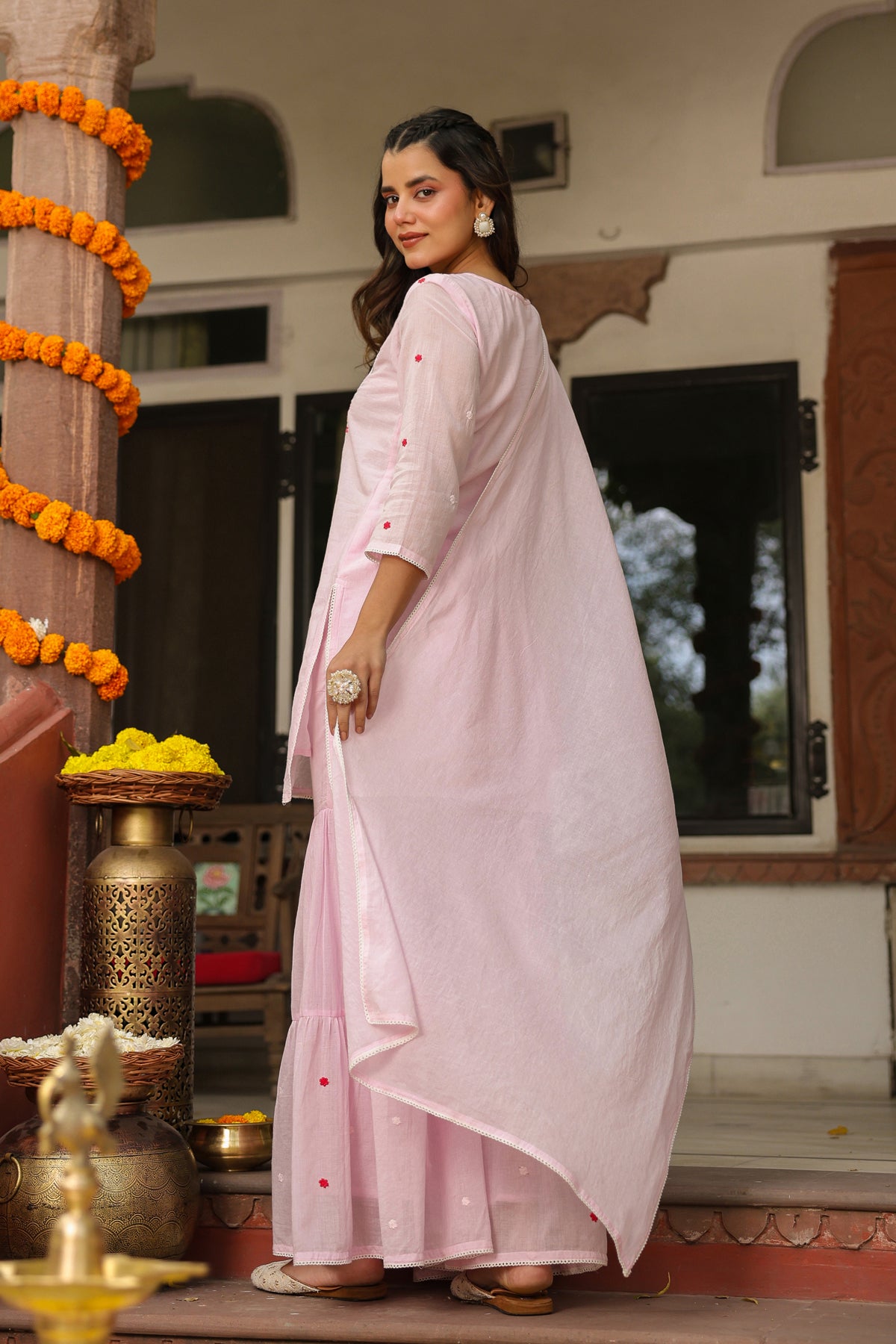 Pink Cotton Mulmul Embroidered Sharara Set