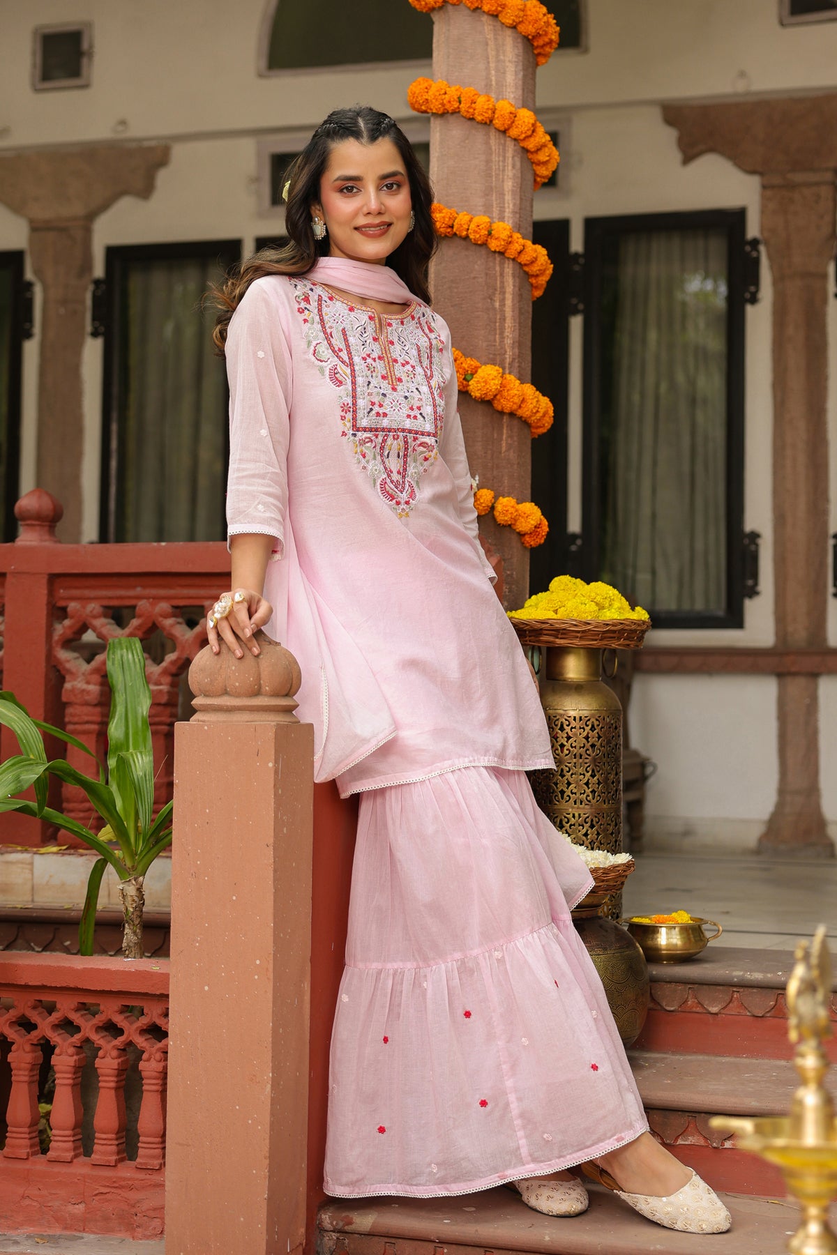 Pink Cotton Mulmul Embroidered Sharara Set