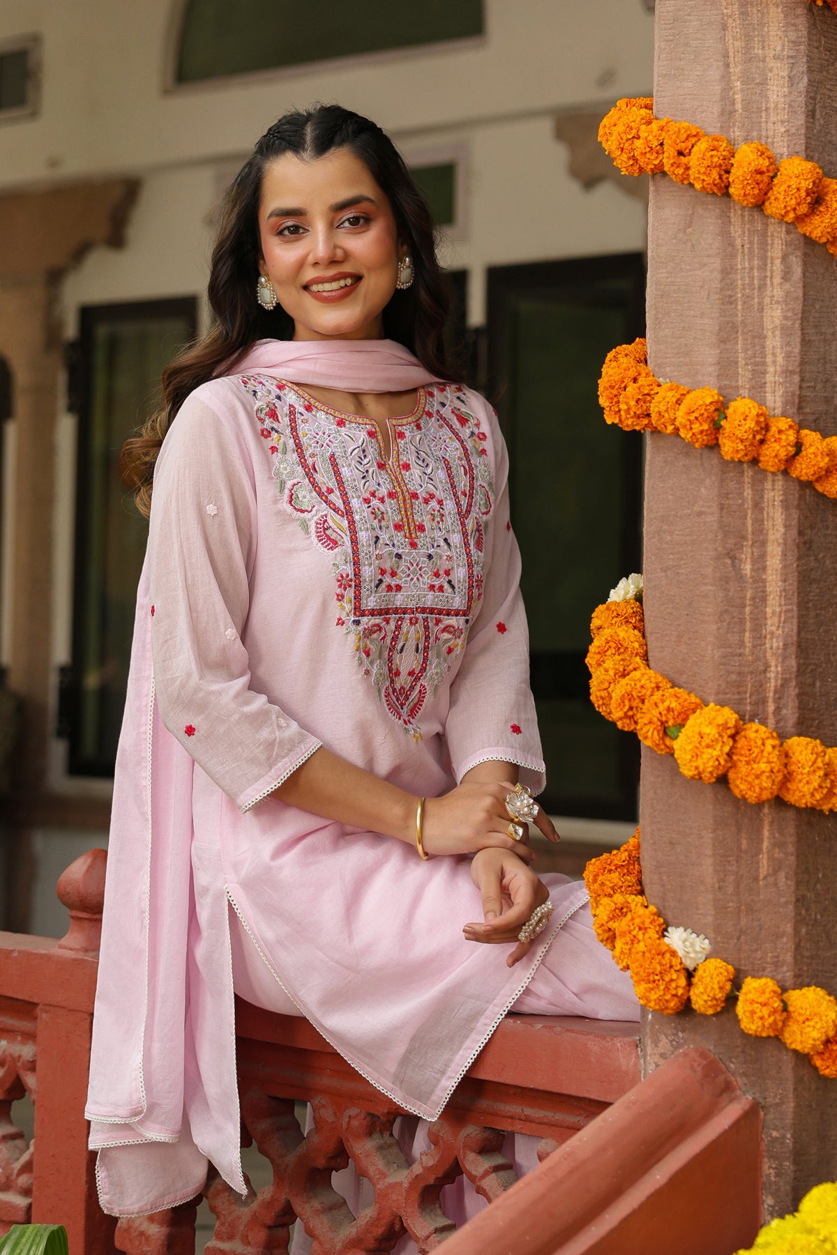 Pink Cotton Mulmul Embroidered Sharara Set