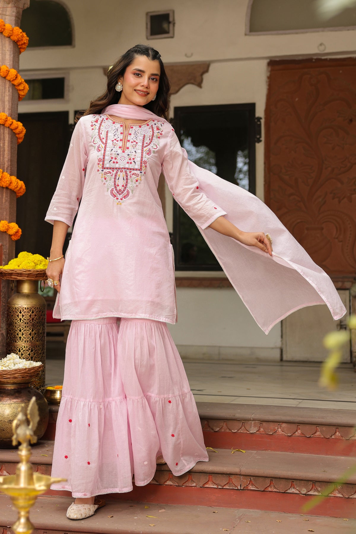 Pink Cotton Mulmul Embroidered Sharara Set