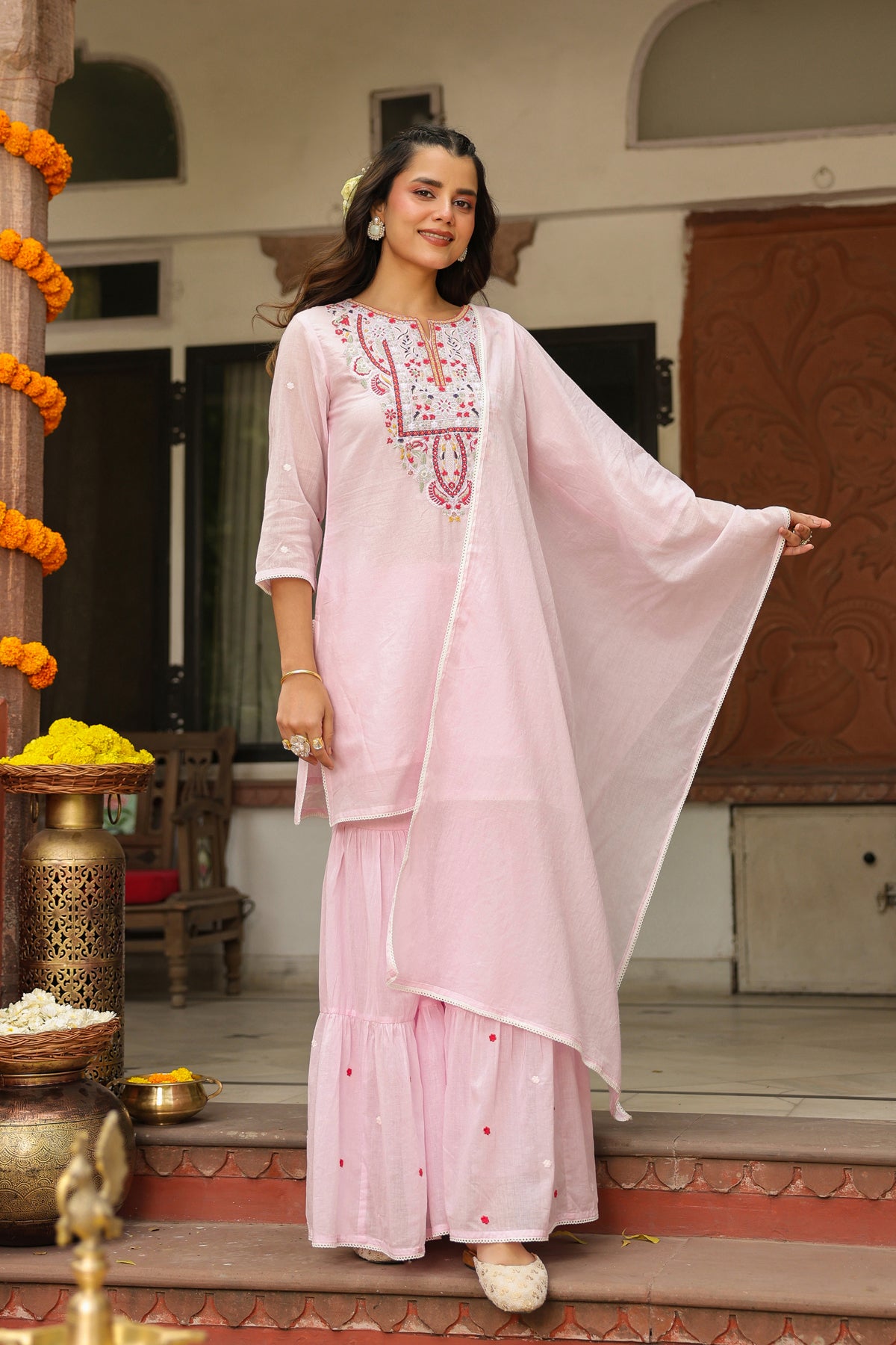 Pink Cotton Mulmul Embroidered Sharara Set