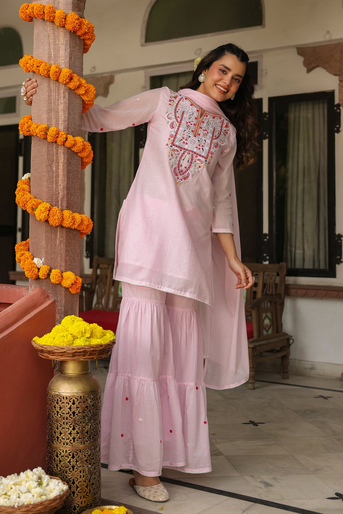 Pink Cotton Mulmul Embroidered Sharara Set