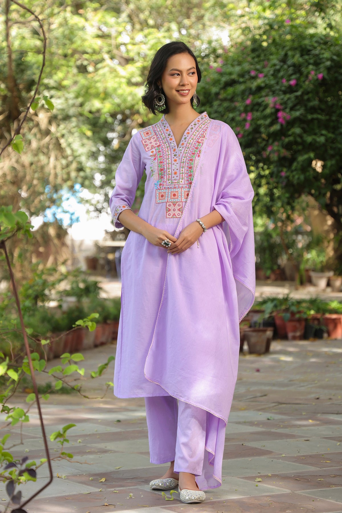 Lavender Cotton Cambric Yoke Embroidered Straight Suit Set
