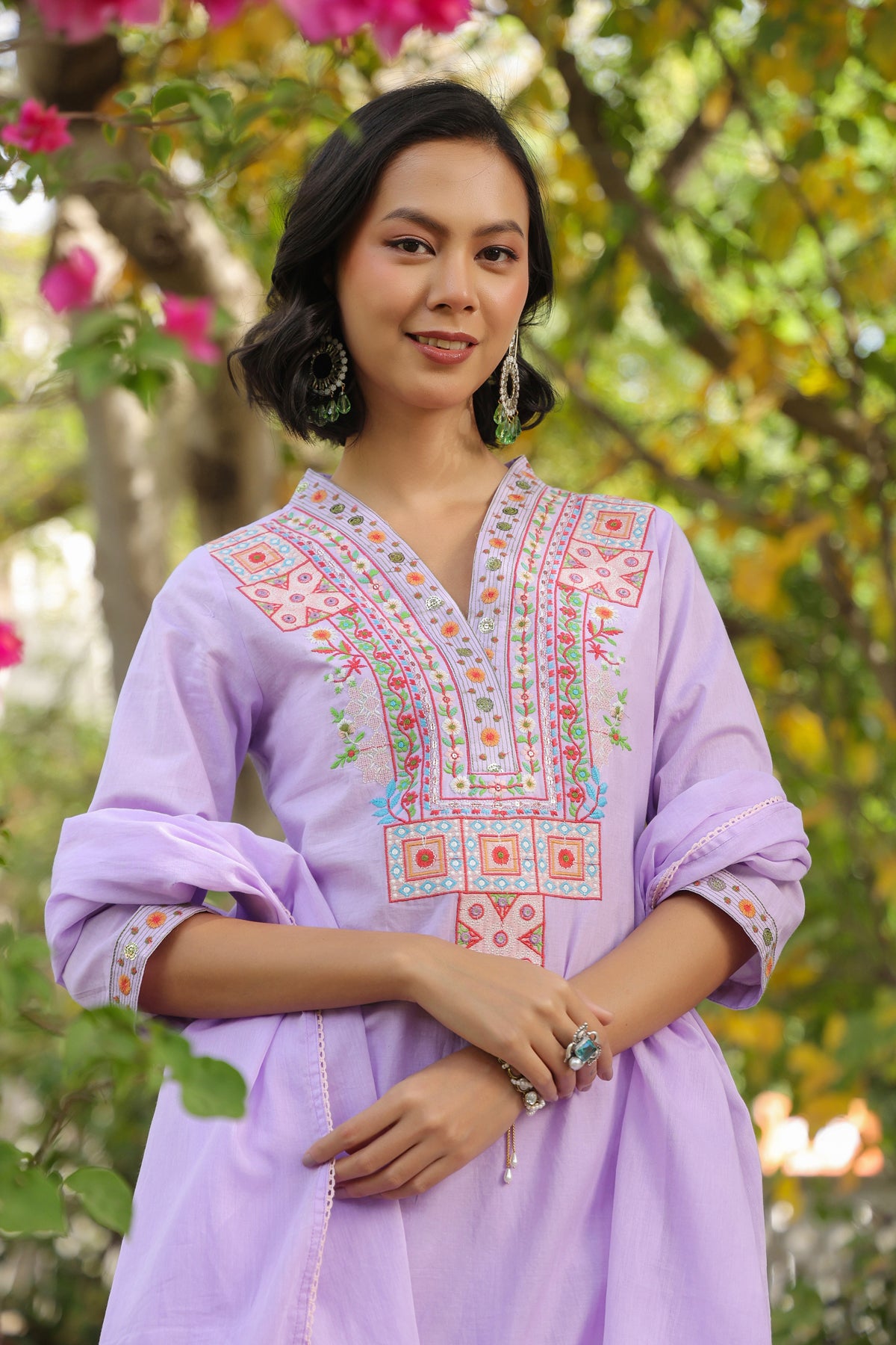 Lavender Cotton Cambric Yoke Embroidered Straight Suit Set