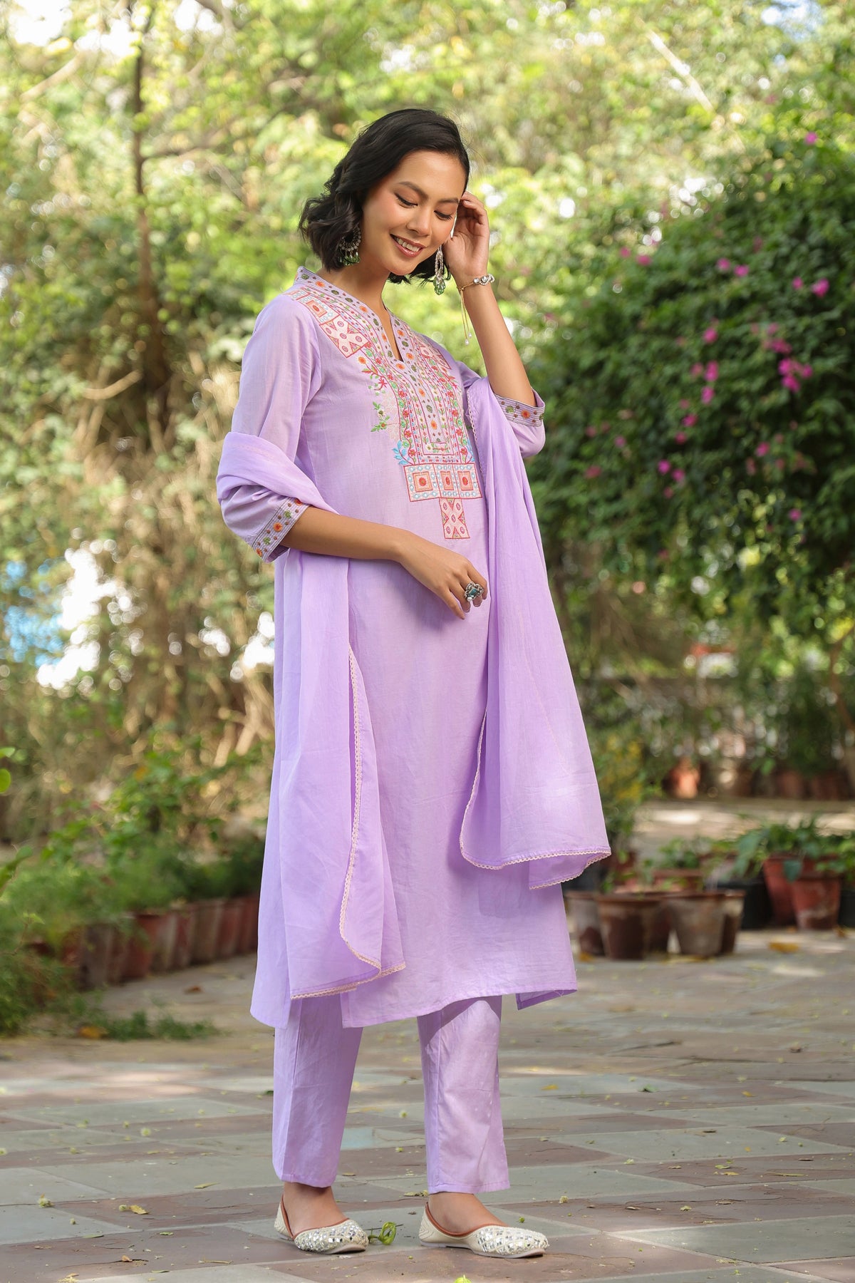 Lavender Cotton Cambric Yoke Embroidered Straight Suit Set