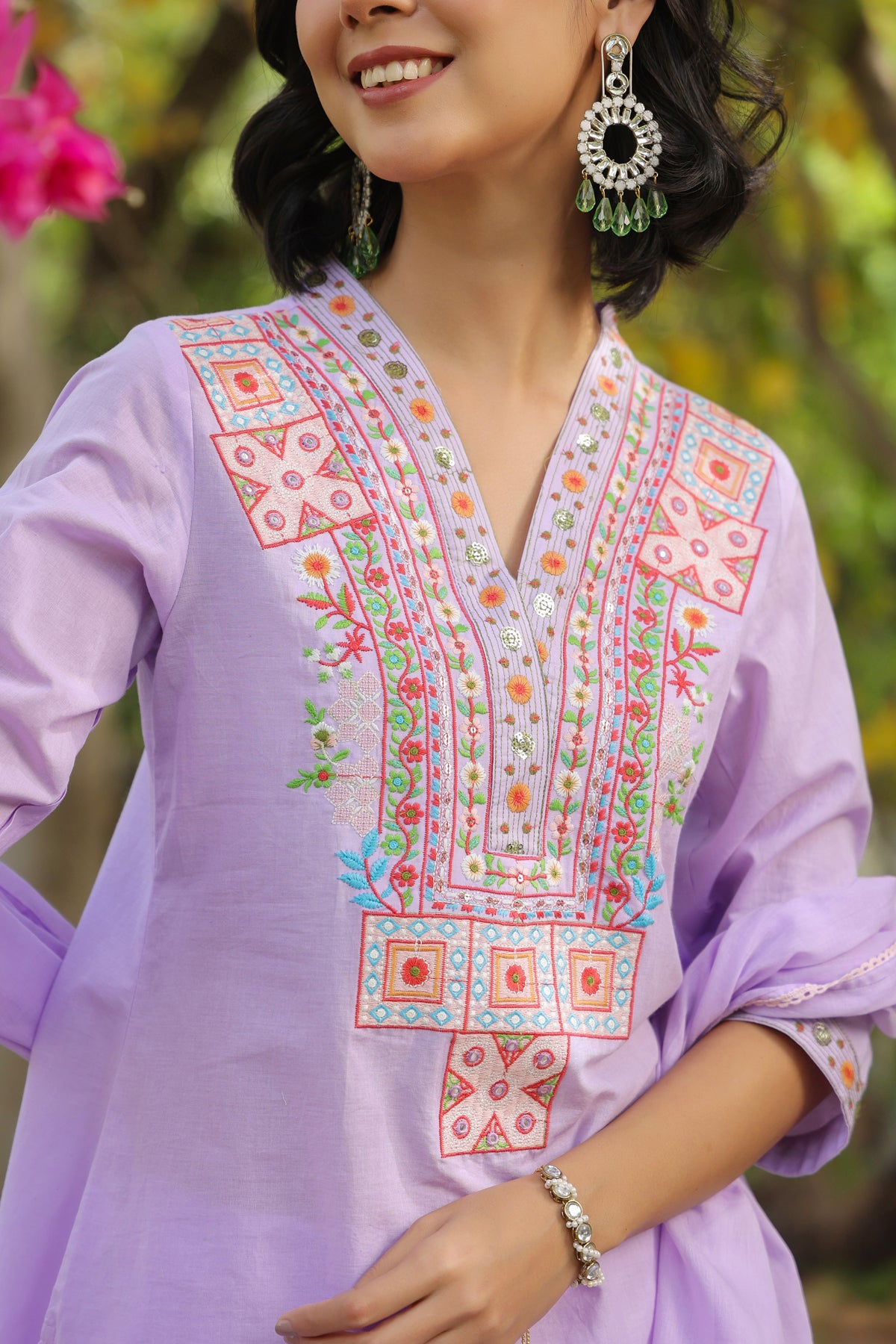 Lavender Cotton Cambric Yoke Embroidered Straight Suit Set