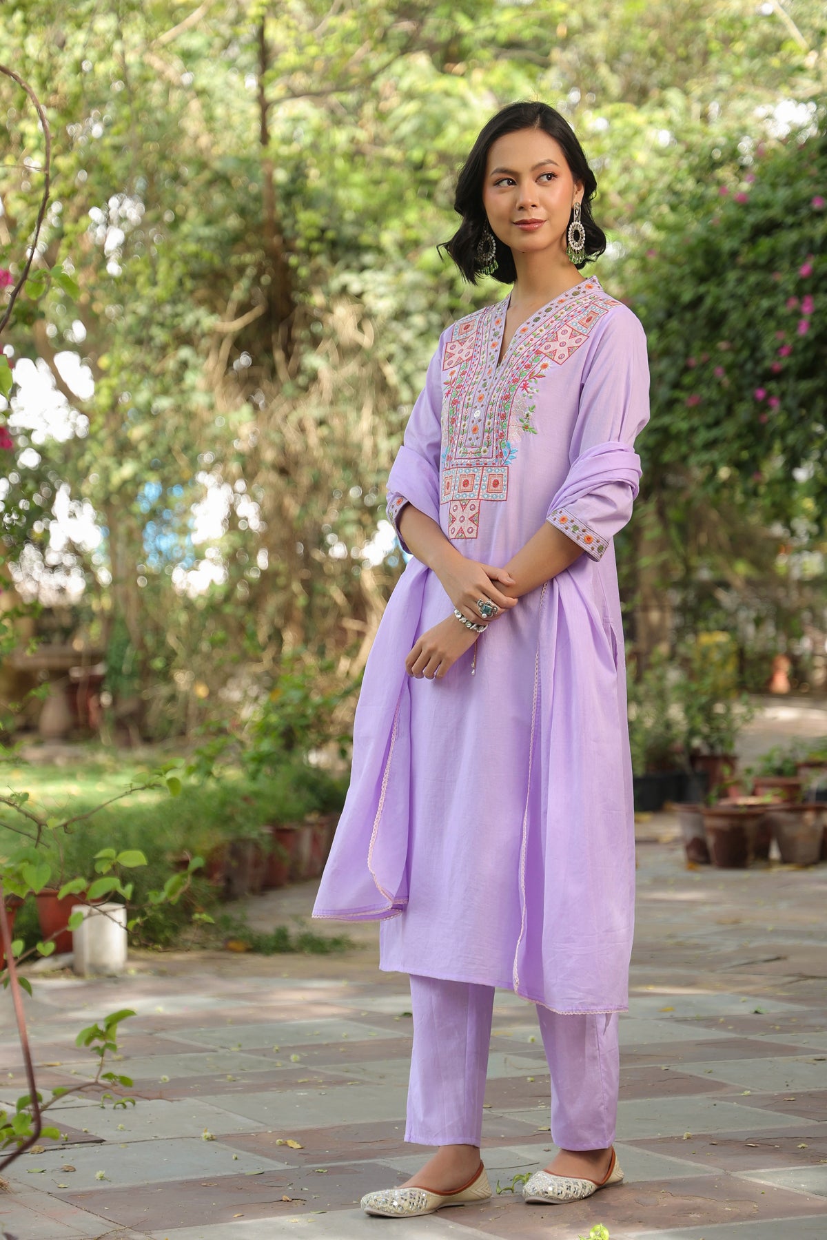 Lavender Cotton Cambric Yoke Embroidered Straight Suit Set