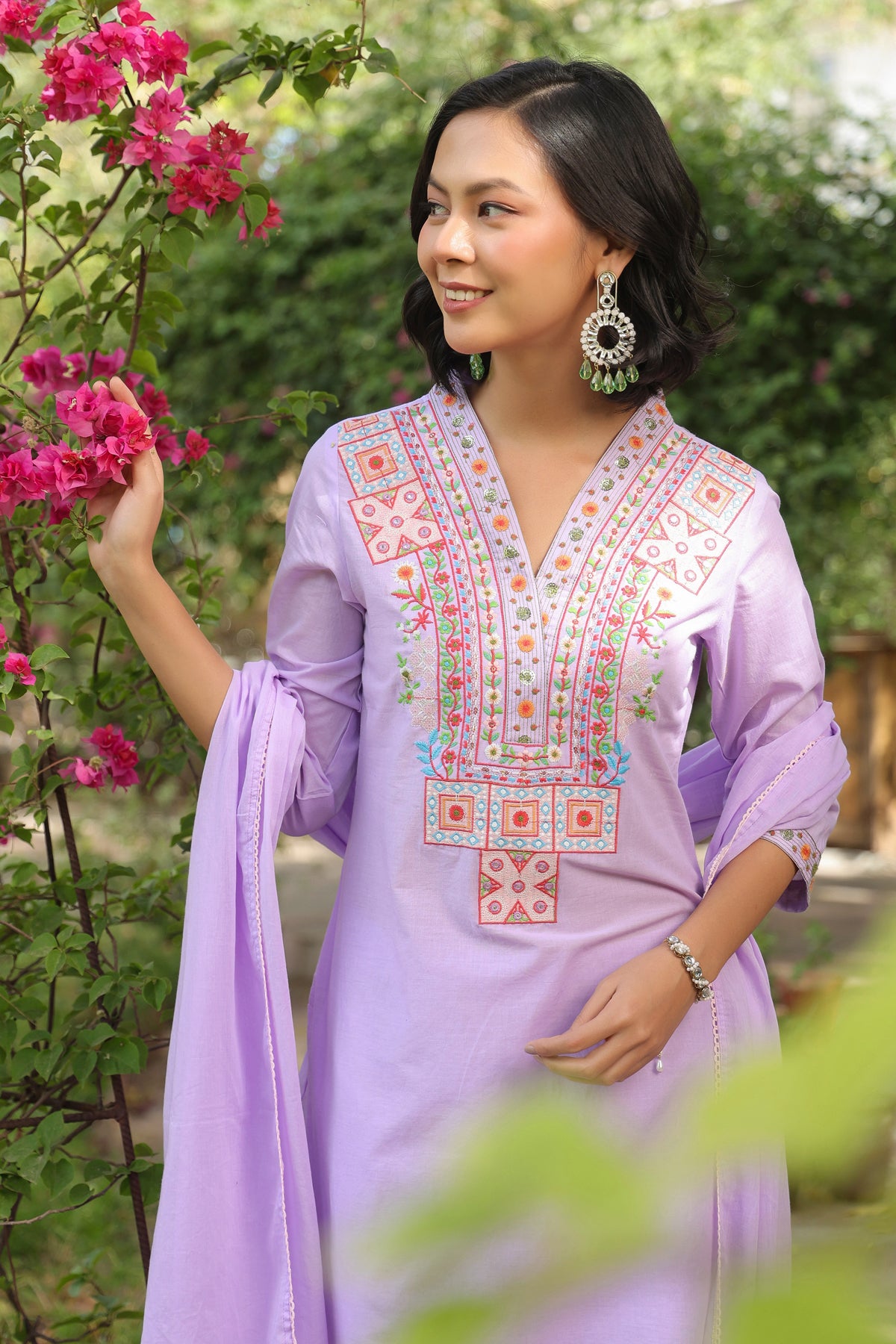 Lavender Cotton Cambric Yoke Embroidered Straight Suit Set