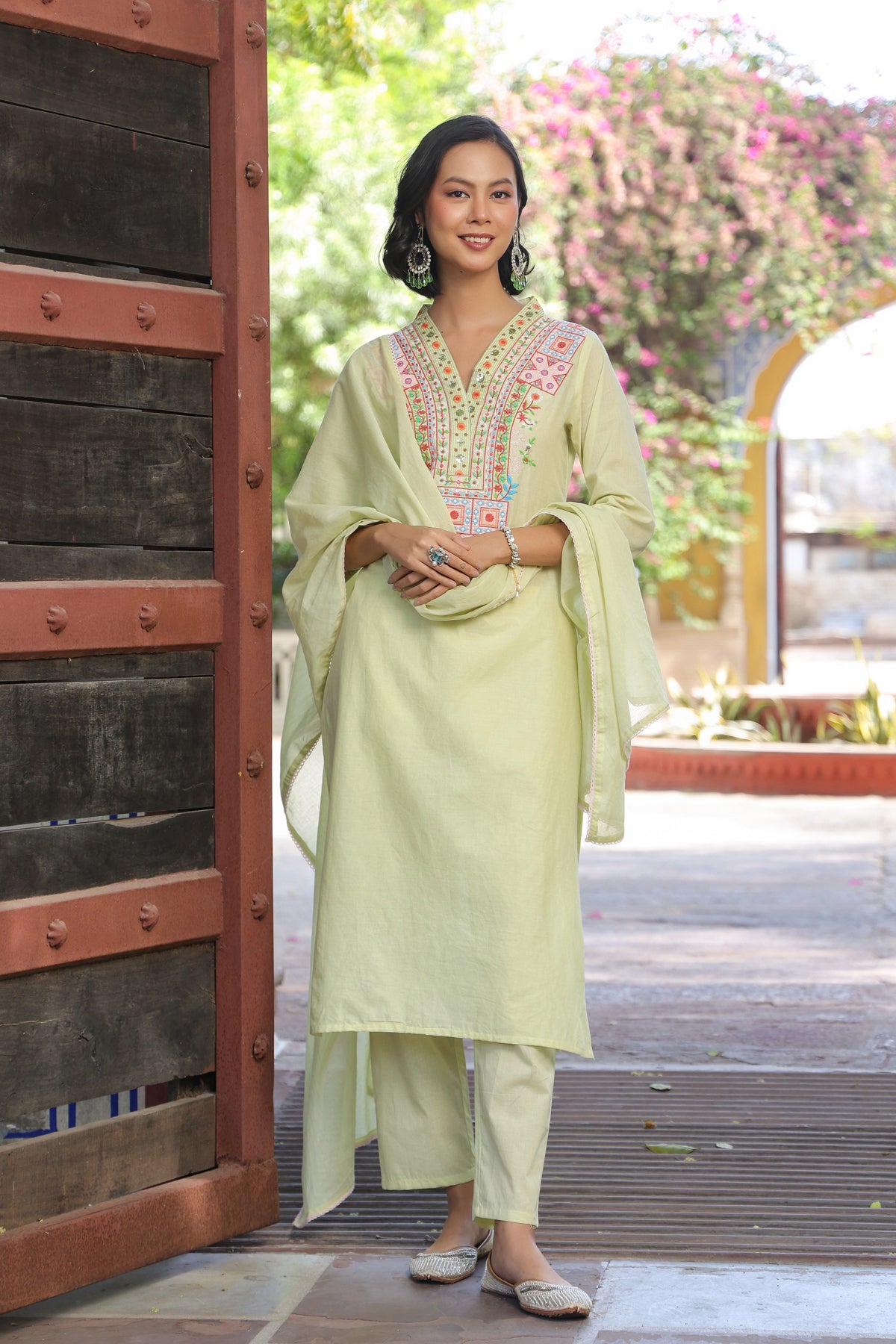 Lime green Cotton Cambric Yoke Embroidered Straight Suit Set