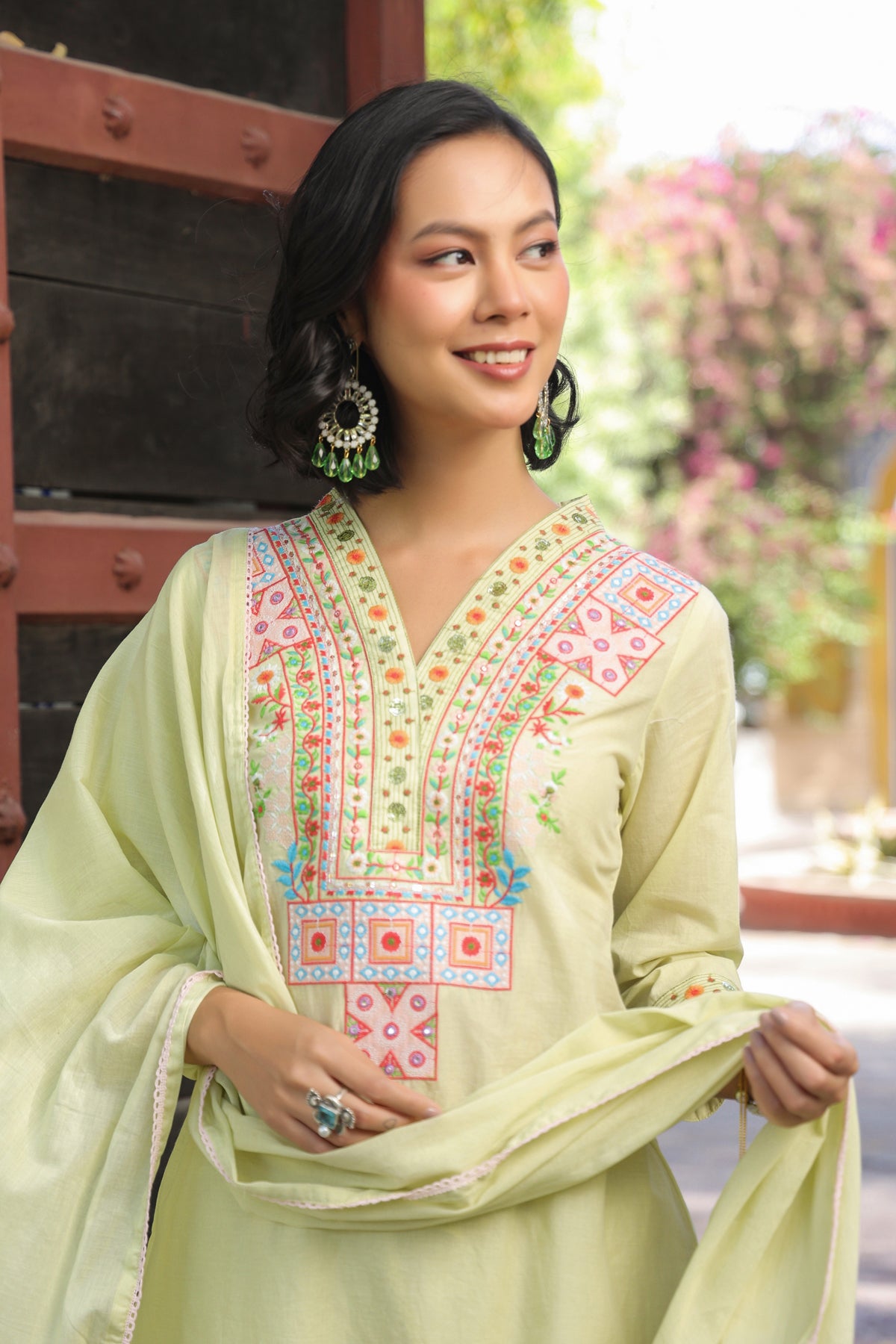 Lime green Cotton Cambric Yoke Embroidered Straight Suit Set