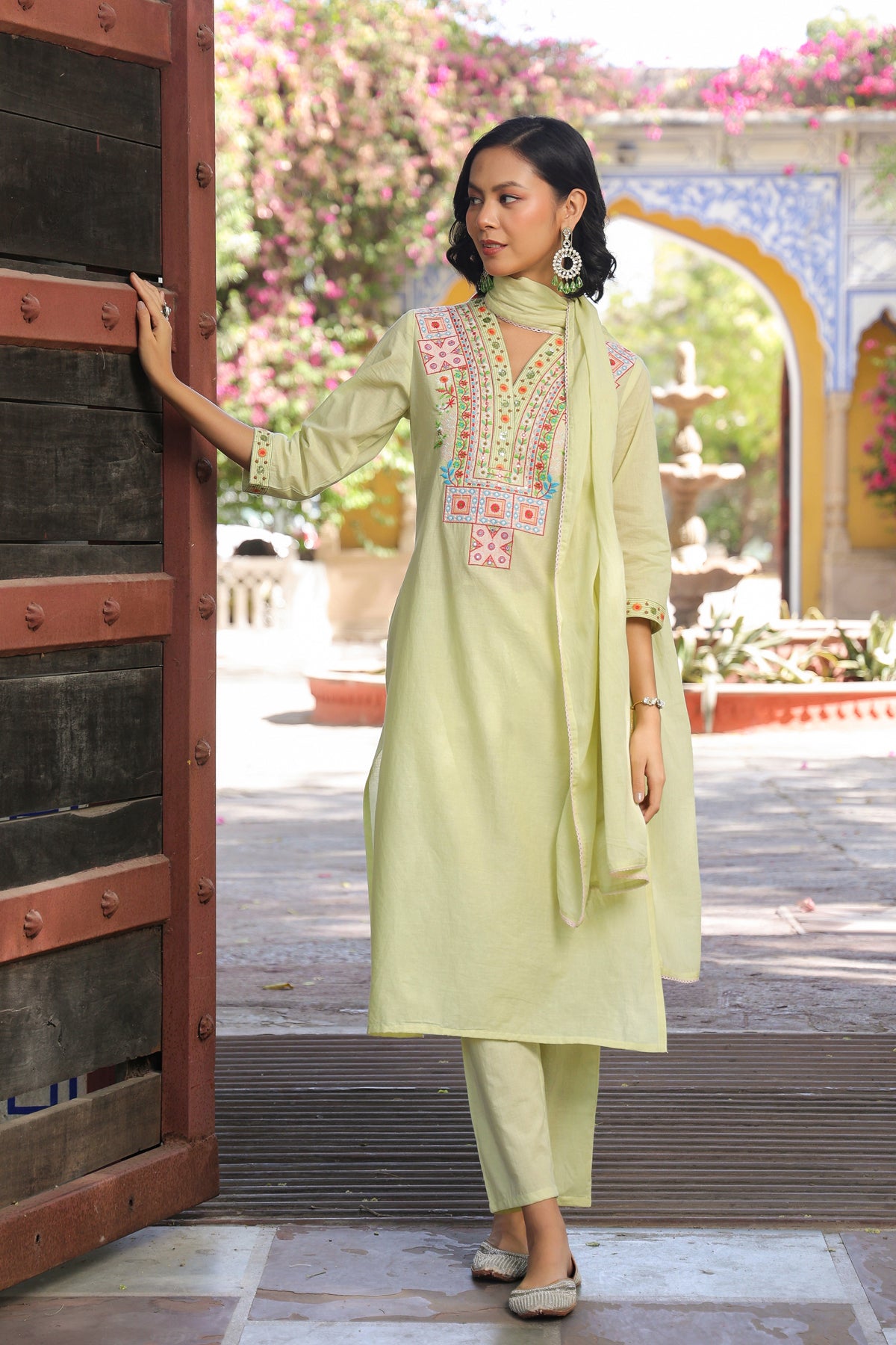 Lime green Cotton Cambric Yoke Embroidered Straight Suit Set