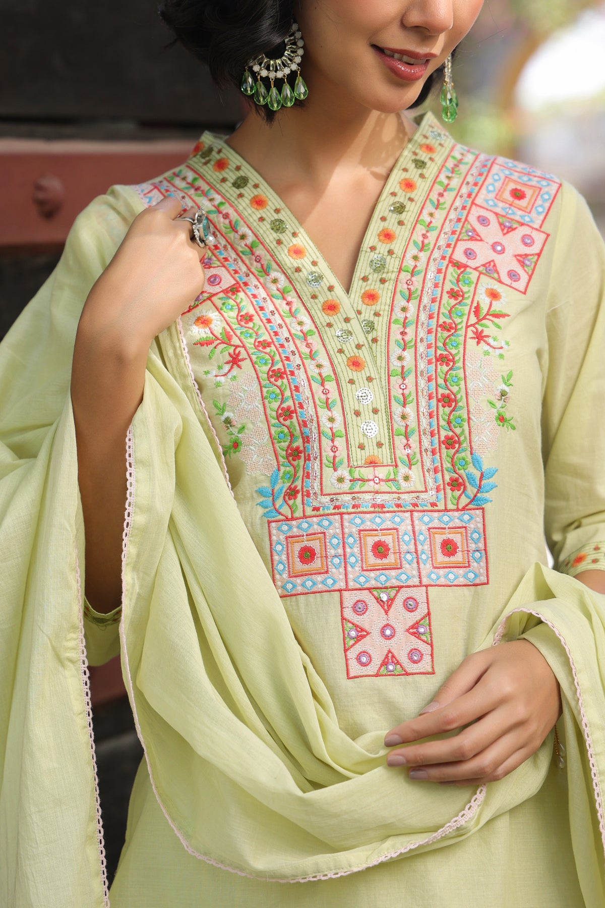 Lime green Cotton Cambric Yoke Embroidered Straight Suit Set