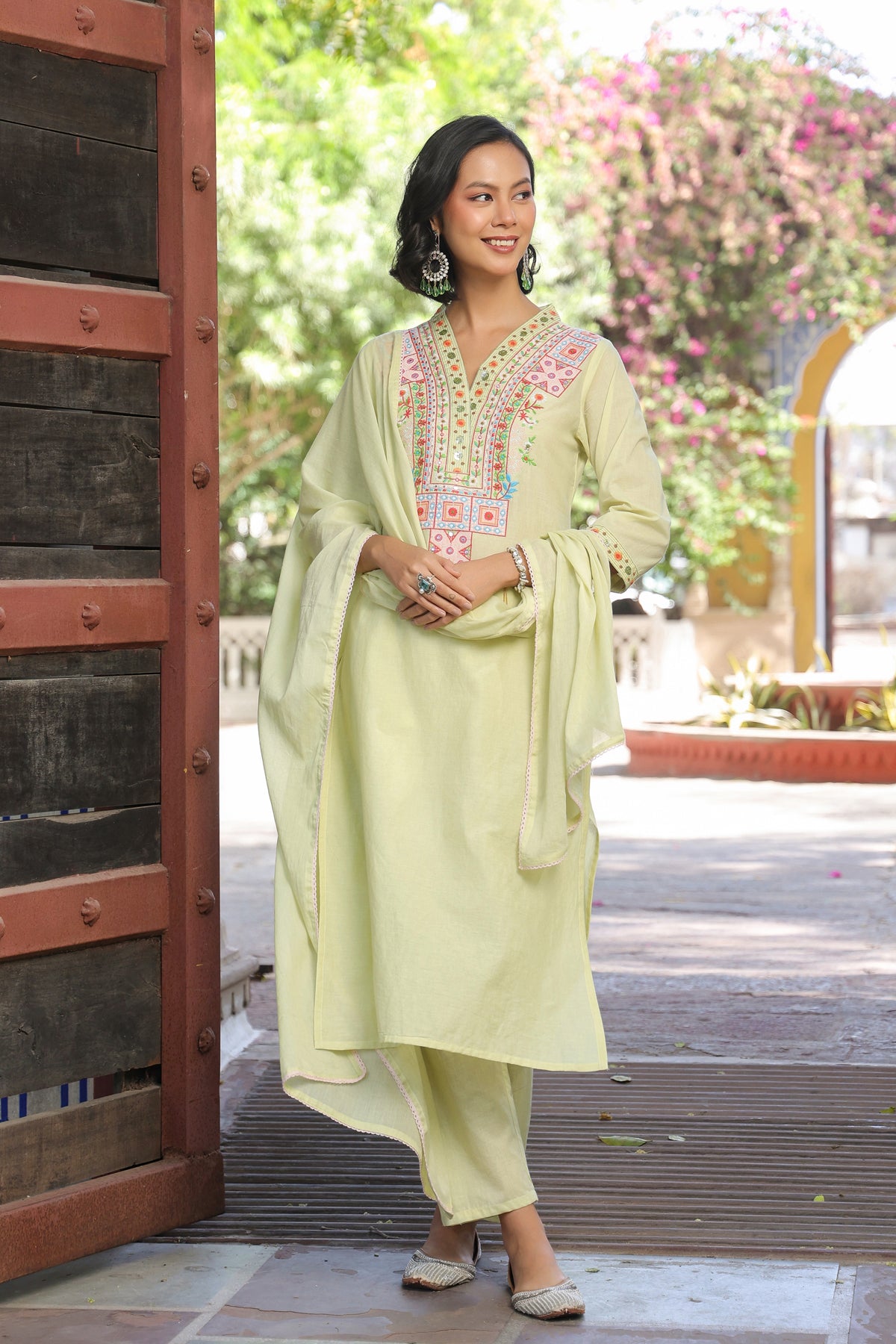 Lime green Cotton Cambric Yoke Embroidered Straight Suit Set